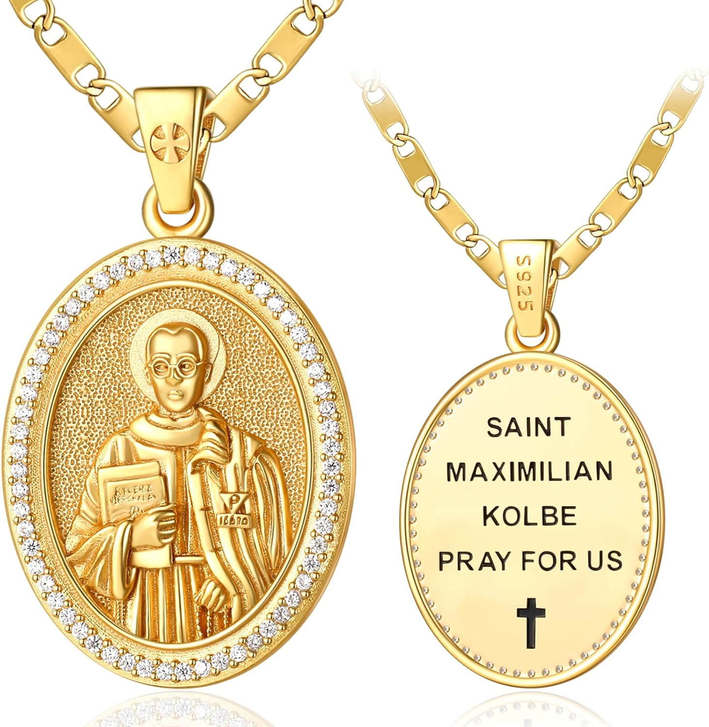 Patron Saint Medals, 14k Gold Plated Sterling Silver Catholic Pendant Necklace, Inlaid Cubic Zirconia, Christian Jewelry Gift For Women with 22"+2" Mariner Chain