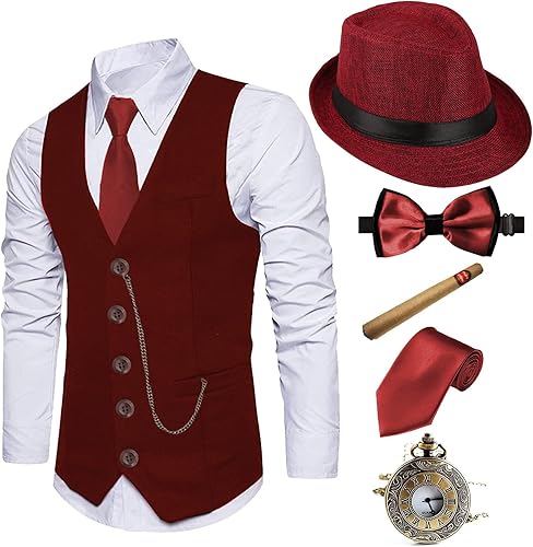 Sombrero de Fedora, disfraz de los años 20 para hombres, chaleco con estilo de gangster, El gran Gatsby, reloj de bolsillo vintage, corbatín