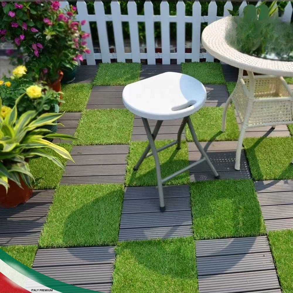 Piastrelle da Esterno ad Incastro WPC per Pavimentazione drenante Terrazzo, Balcone, Giardino,piscina, effetto legno antiscivolo base in PVC (ERBA, 10 PZ)