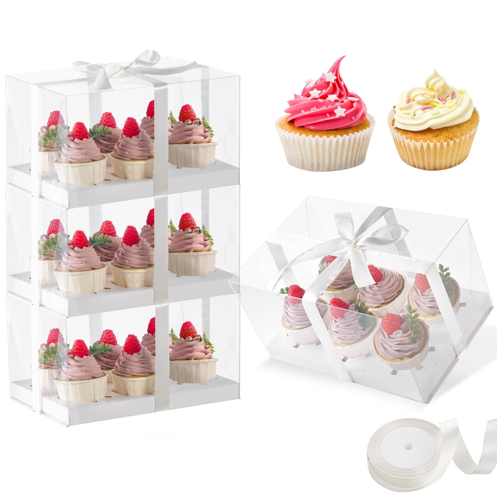JCD 4 Pack Clear Cupcake Boxes, Plastic Cupcake Containers with Gift Ribbon, 5.5inches height Holder 6 Count Cup Cake Boxes for Parties, Baking, Wedding, Transport (6count/4pcs)