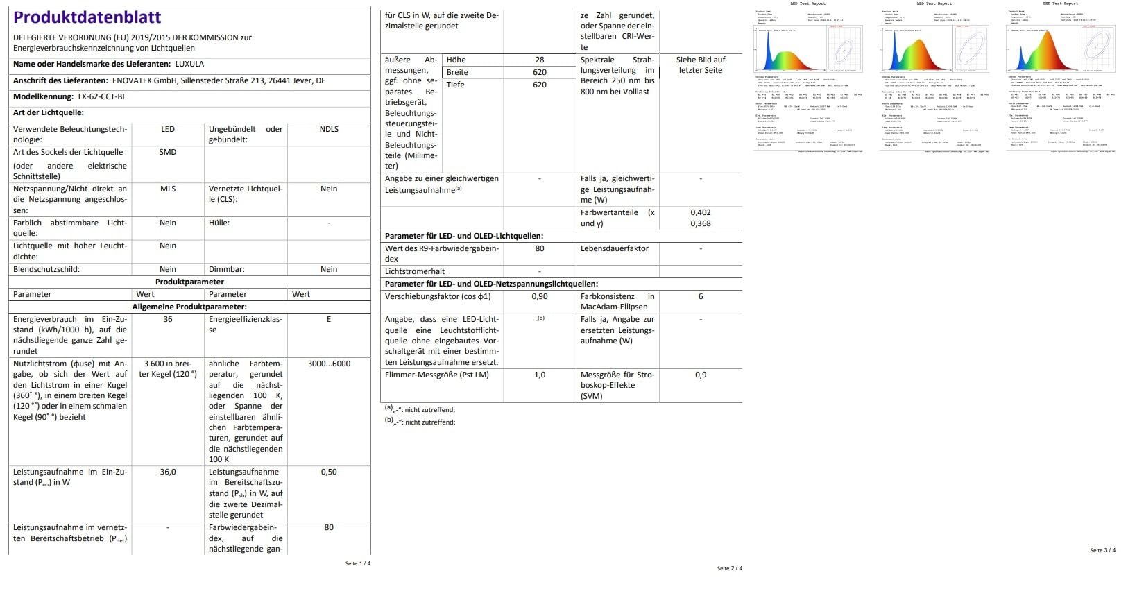 LUXULA 4x LED Panel 62x62cm, 3000K, 4000K, 6000K CCT einstellbar, 36W, 3600lm, Deckenlampe mit 230V Netzteil - LED Bürolampe für Rasterdecken, Rasterleuchte, Bürobeleuchtung