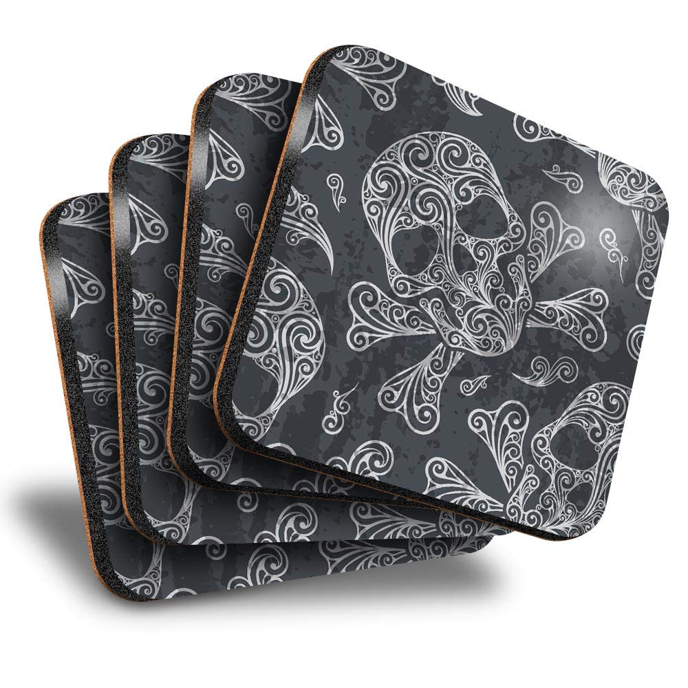Destination Vinyl Ltd Great Coasters (Set of 4) Square - Black Swirly Skull Skulls Goth Drink Glossy Coasters/Tabletop Protection for Any Table Type #8184