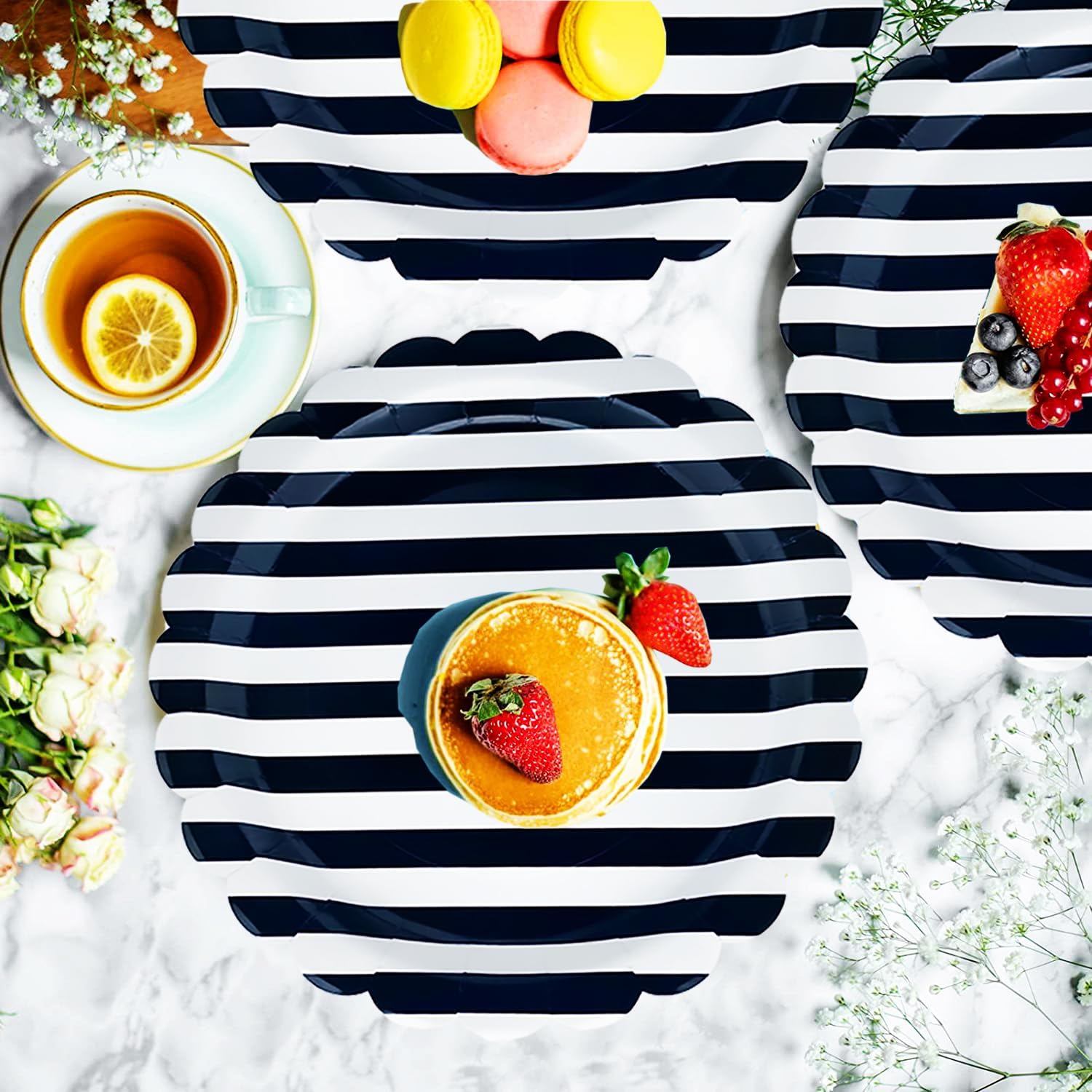 175Pcs Black and White Party Supplies Striped Scalloped Paper Plates Set 9"& 7"Black and White Striped Plates Napkins Cups Knive Fork Spoon for Baby Shower Wedding Holiday Party Decor Serve 25