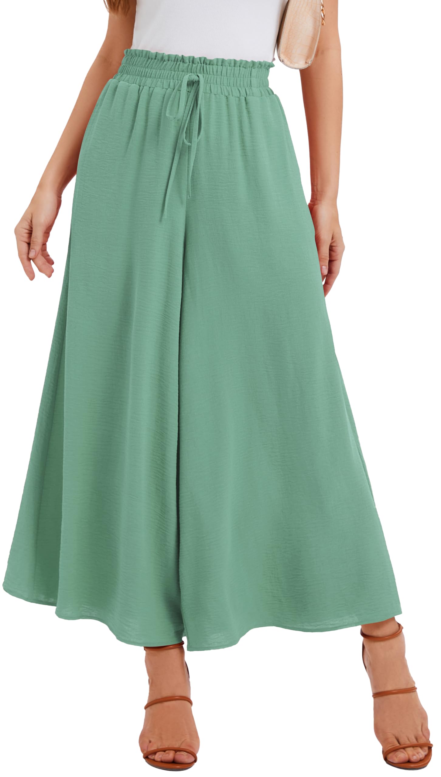 WUWUSKY Sommerhose Damen Leicht Lässige Palazzo Hose Elegant High Waist Baggy Freizeithose mit 2 Taschen
