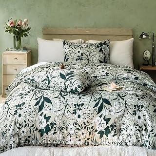 Helthep Floral Duvet Cover King, 100% Cotton Green Floral Printed Duvet Cover Pattern Comforter Cover King, 3PCS Green Botanical Vintage Flower Duvet Cover for King Size Bed(No Comforter)