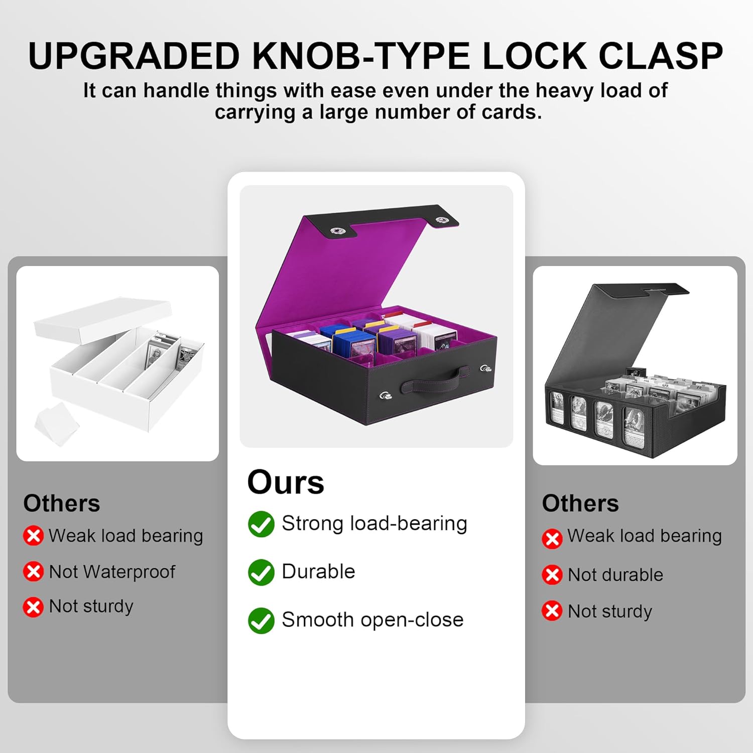 Trading Card Storage Box with Portable Handle, 3000+ MTG Deck Box with 4 Card Stoppers Commander Display Card Storage Box Card Case Toploader MTG TCG Sports Cards Commander Deck Box(Black&Purple)