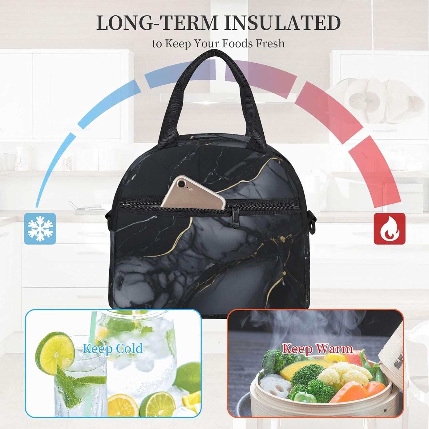 Black marble Print Reusable Lunch Bag Insulated Lunch Boxes for Office Work Picnic Tote Bag Adjustable