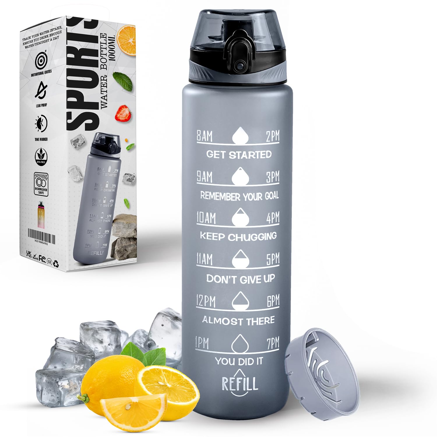 Roe Tenpo Grey Water Bottle 1L, Sports Water Bottle With Time Markings, Bpa-Free, Leak-Proof Drinks Bottle, Perfect For Running, Cycling, Gym, Yoga, Camping And Outdoor Activities,