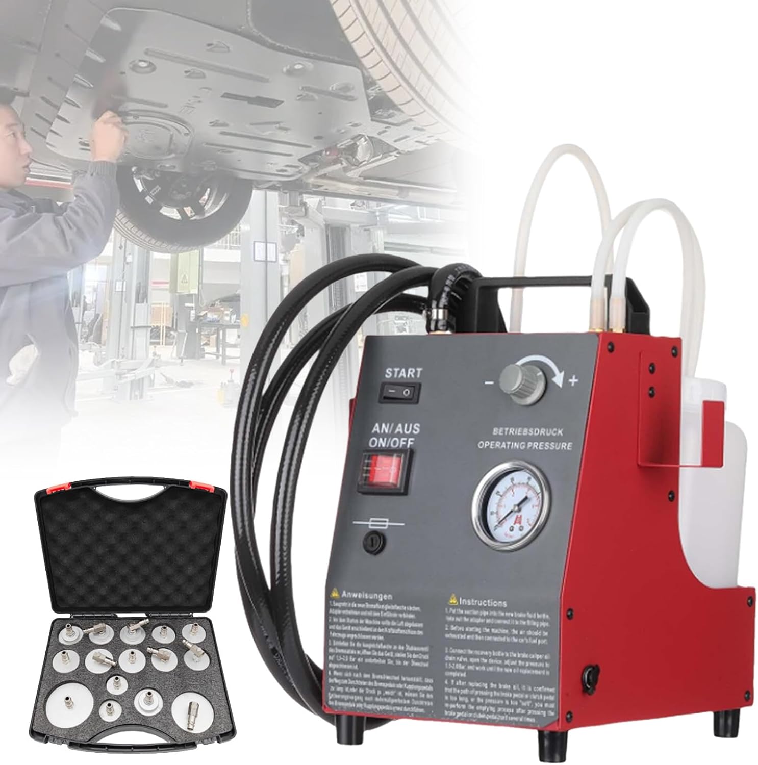 Brake Bleeder Kit Automatic, Electric Brake Fluid Bleeder, 2.2L/min Flow Airless Vacuum Filling, One Person Pneumatic Fluid Extractor Tool, with 16 Master Cylinder Adapter. PackageB-Red