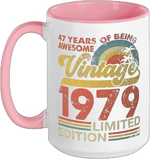 Vintage 1979 47 years old gifts 47th birthday for men women Ceramic Mug, Pink/White, 15oz
