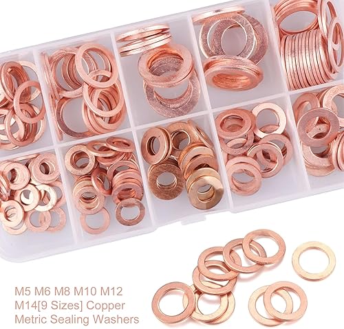 Miniatura 4 de leechio Juego de 200 arandelas de cobre, resistentes a altas temperaturas, M5, M6, M8, M10, M12, M14, arandelas de sellado de cobre a prueba de