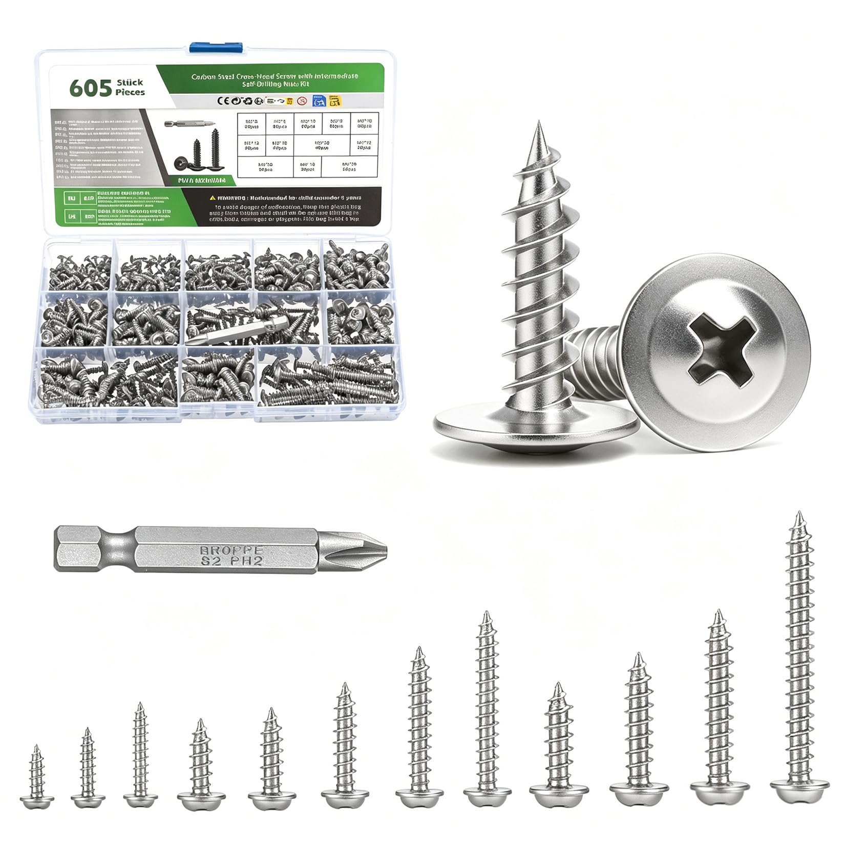 605 Pcs Silver Self Tapping Screws Metal, M2 M3 M4 Cross Pan Head Self Drilling Wood Screws Assortment, Wafer Head Screw Set for Wood Metal Plastic DIY Repair(Silver)