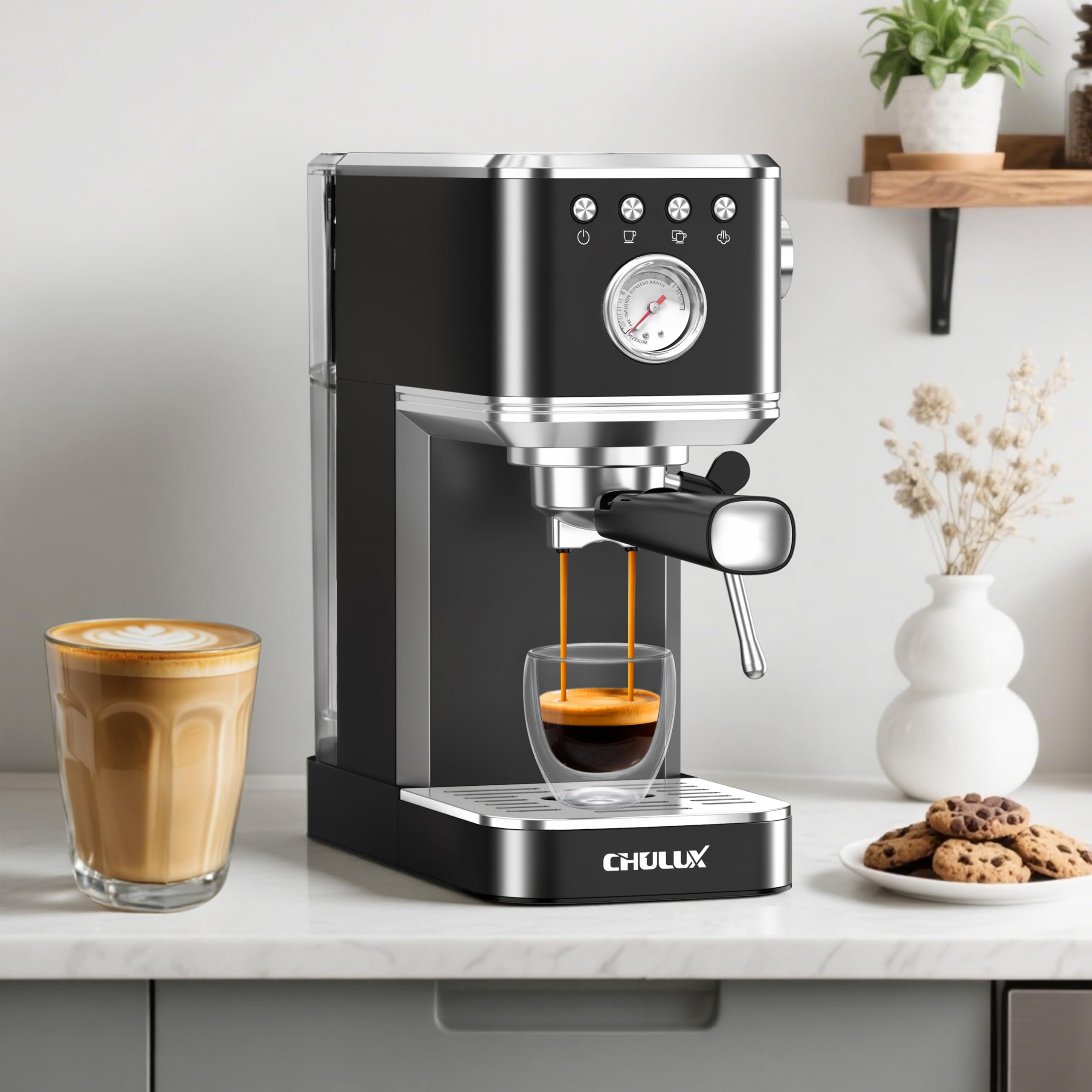 CHULUX - Máquina de café expreso delgada con espumador de leche, 20 barras, máquina de café espresso semiautomática profesional para cafetera de café espresso casera de capuchino y latte, color negro