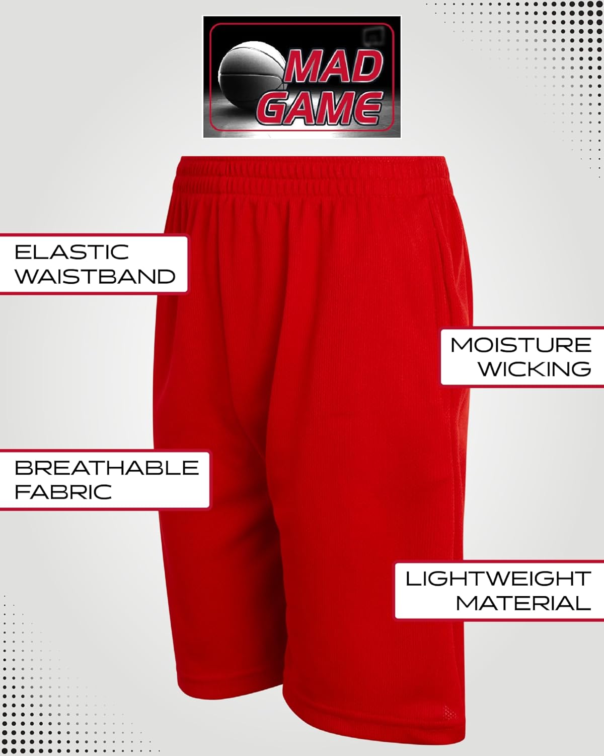 Mad Game Boys Athletic Shorts - 5 Pack Athletic Performance Mesh Running Basketball Shorts for Boys with Pockets (Sizes 8-18)