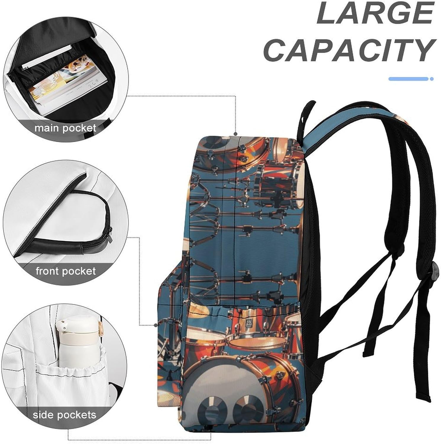 Cool Drum Set Travel Backpack for Women Men 16.5 Inch image 3
