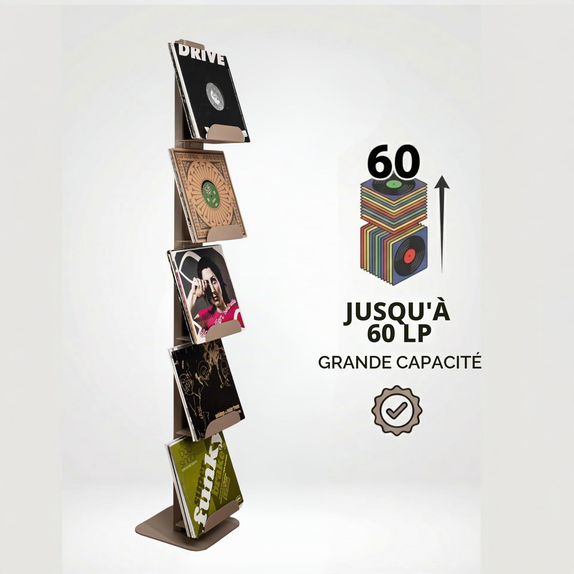 ALUBOX LYRA Rangement Vinyle Vertical avec 5 Étagères DIM 170 x 33 x 17 cm Présentoir à Disques Vinyles pour plus de 60 LP Meuble Support Vinyle en Aluminium (SABLE, 5 ÉTAGÈRES)