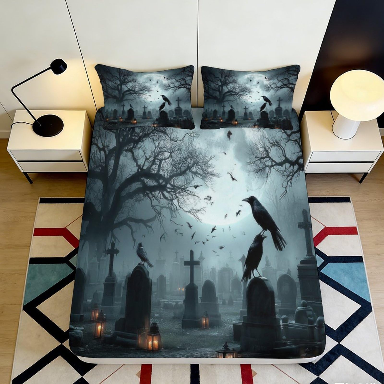 3D Printed Gothic Graveyard Fitted Sheet Microfiber Soft Breathable Raven Cemetery Mattress Cover for Bedroom Decor 90x200x25cm