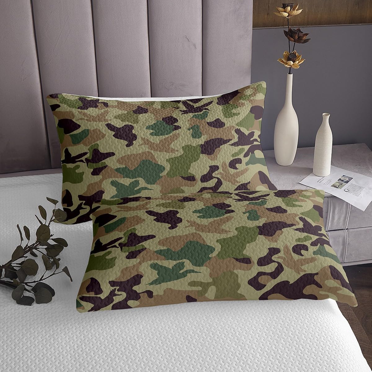 Erosebridal Camo Coverlet Set Twin Size Army Green Bedspread for Kids Farmhouse Camouflage Hunting Quilted Coverlet Vintage Brown Room Decor Wild Duck Rustic Animal Quilted