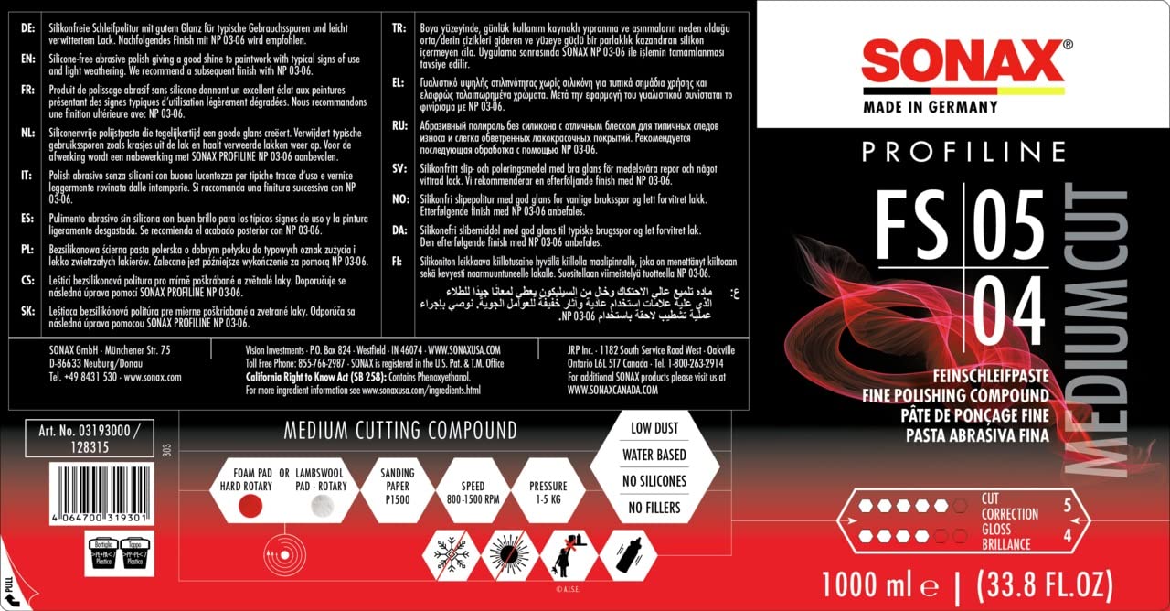 SONAX PROFILINE FS 05-04 Pulimento Profesional (1 L) para restauración de pinturas desgastadas y rayadas. Ideal para talleres automotrices | N.° 03193000