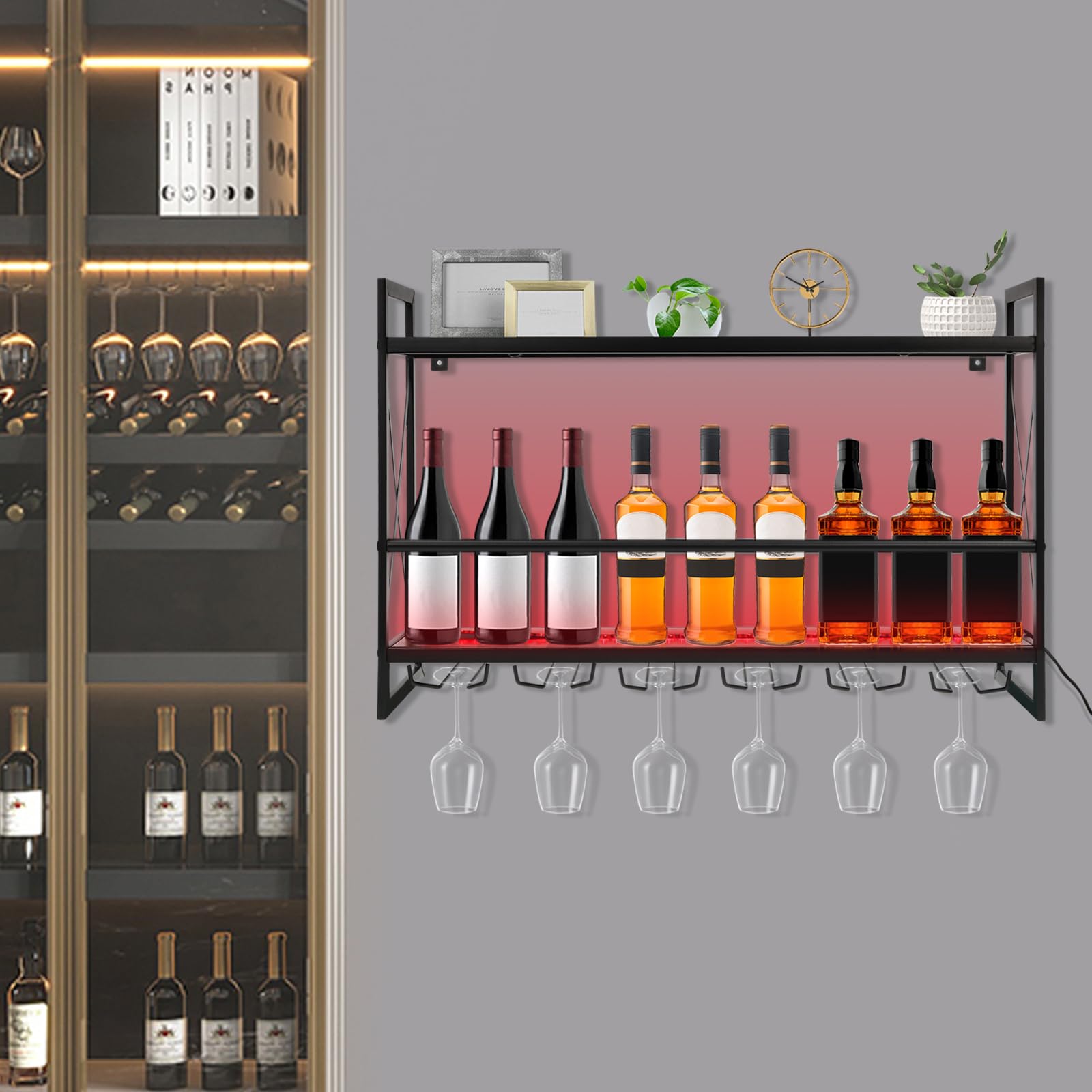 Wall Mount Wine Rack with LED Lights & Remote, 2-Tiers 6 Glass Bottle Holder Wine Shelves for Home Bar Dining Room Kitchen Wall Wine Storage Display, 31.5in Industrial Metal Hanging Wine Rack