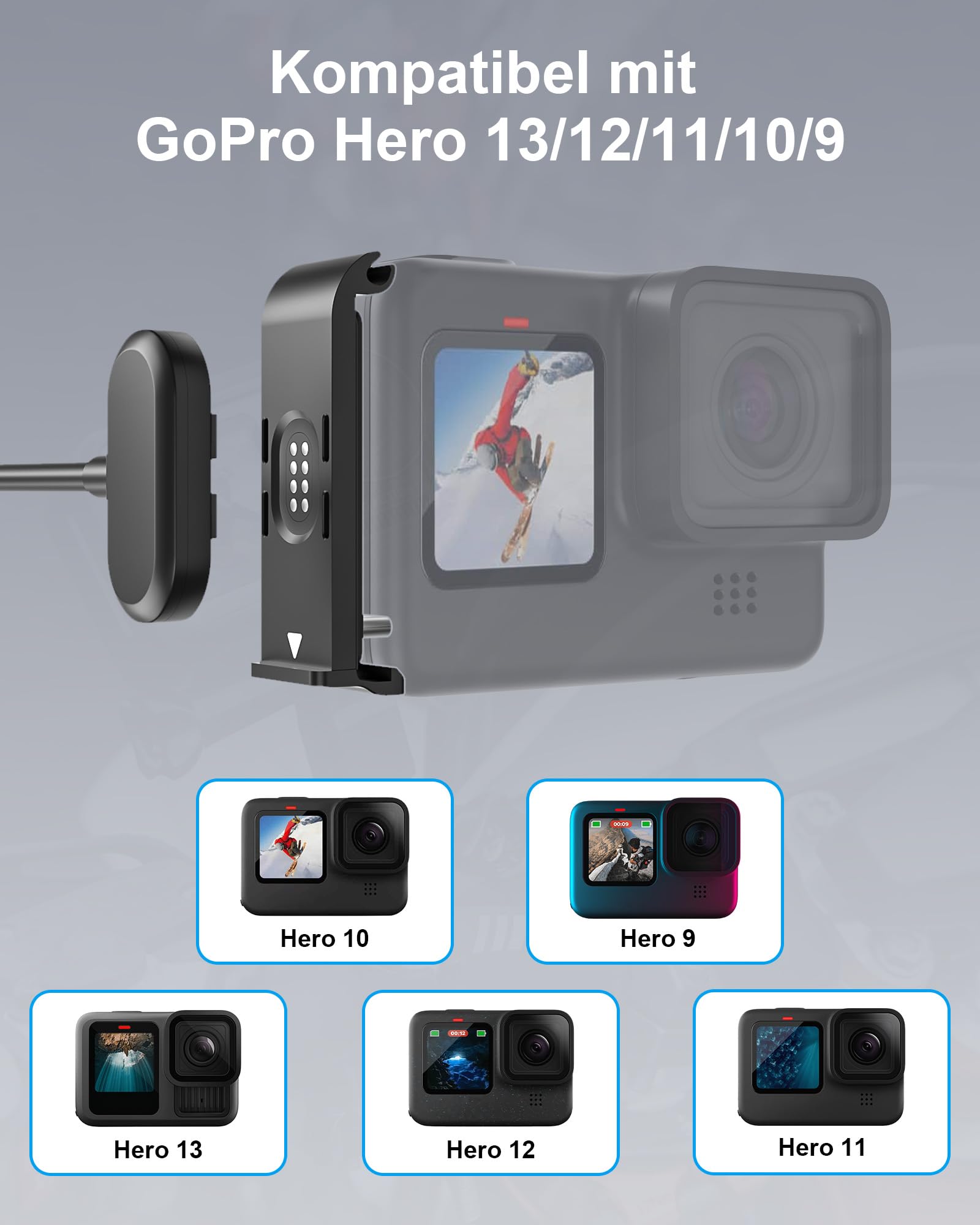 Magnetische Ladegerät Ladekabel Kit für GoPro Hero 13 12 11 10 9, kompatibel mit Go Pro, Gopro-Zubehör Wetterfeste Akku-Abdeckung für Dauerstromversorgung, Schnellladung