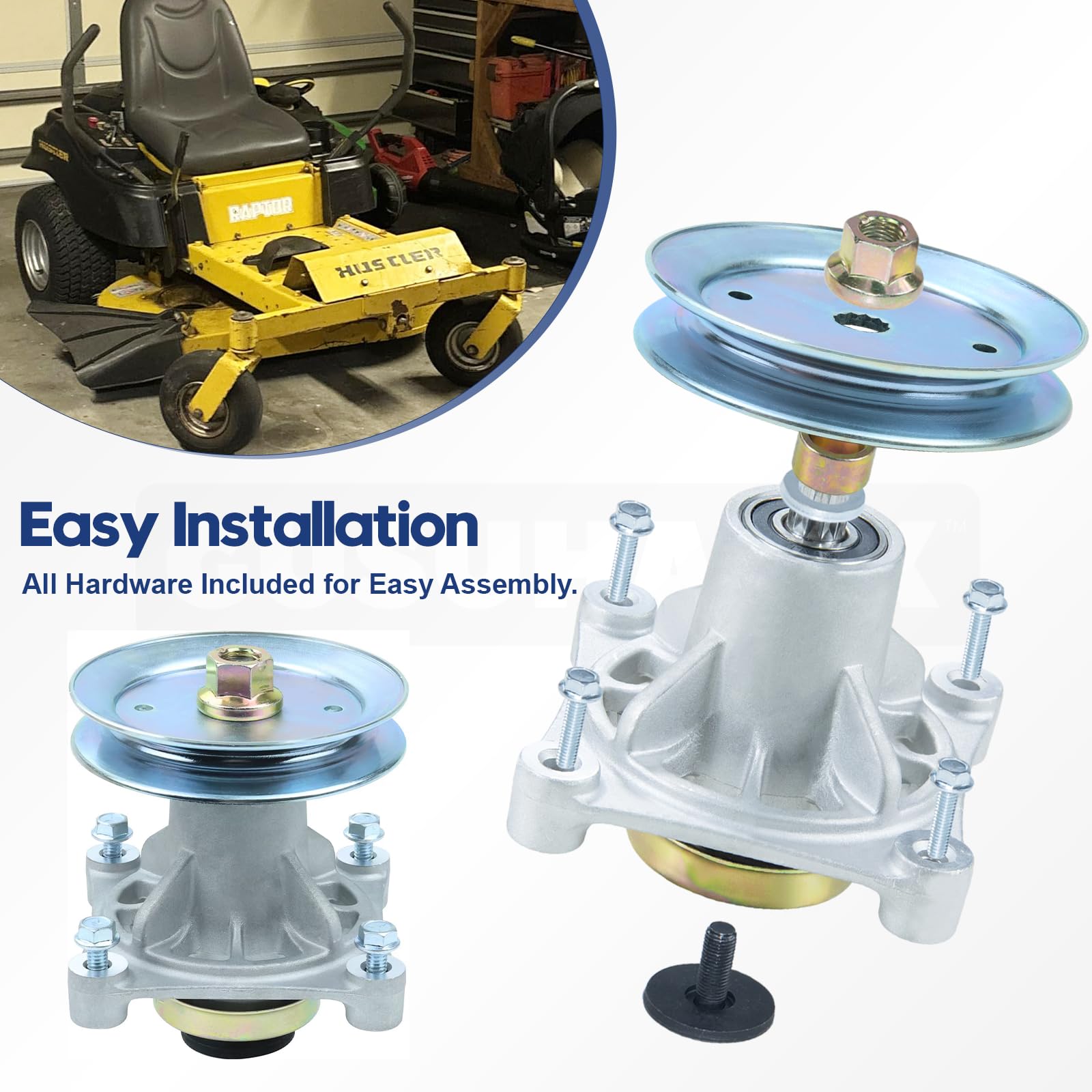Paquete de 3 unidades de montaje de husillo 604214 con polea 603988 604123 espaciador sustituye al conjunto de husillo Hustler 604214, pieza Hustler 604214, husillo Hustler Raptor 604214 para
