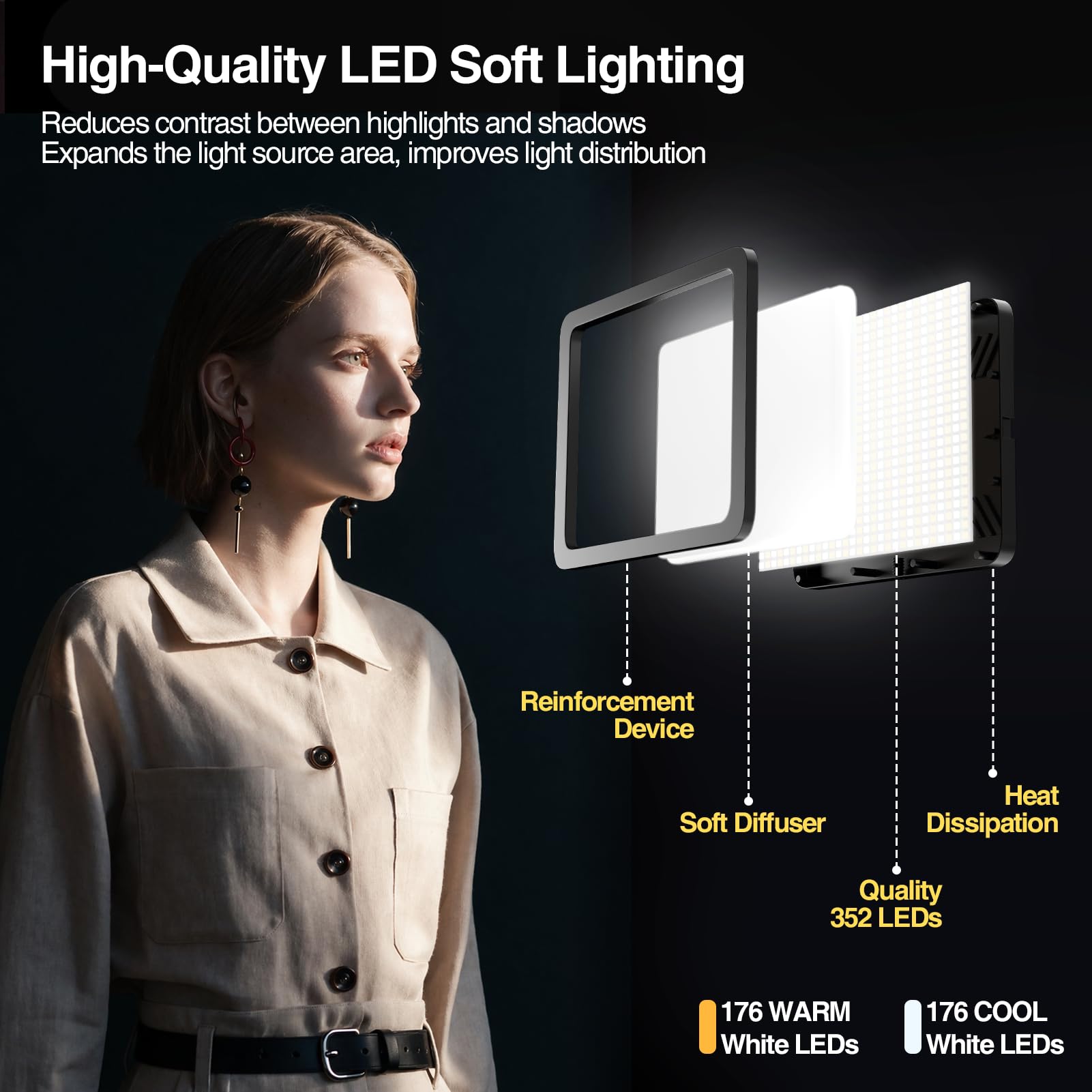 Kit de luz de video LED, iluminación de estudio regulable de 2800-7000 K con soporte de trípode y soporte para teléfono, altura ajustable de 73 pulgadas para grabación de video, transmisión