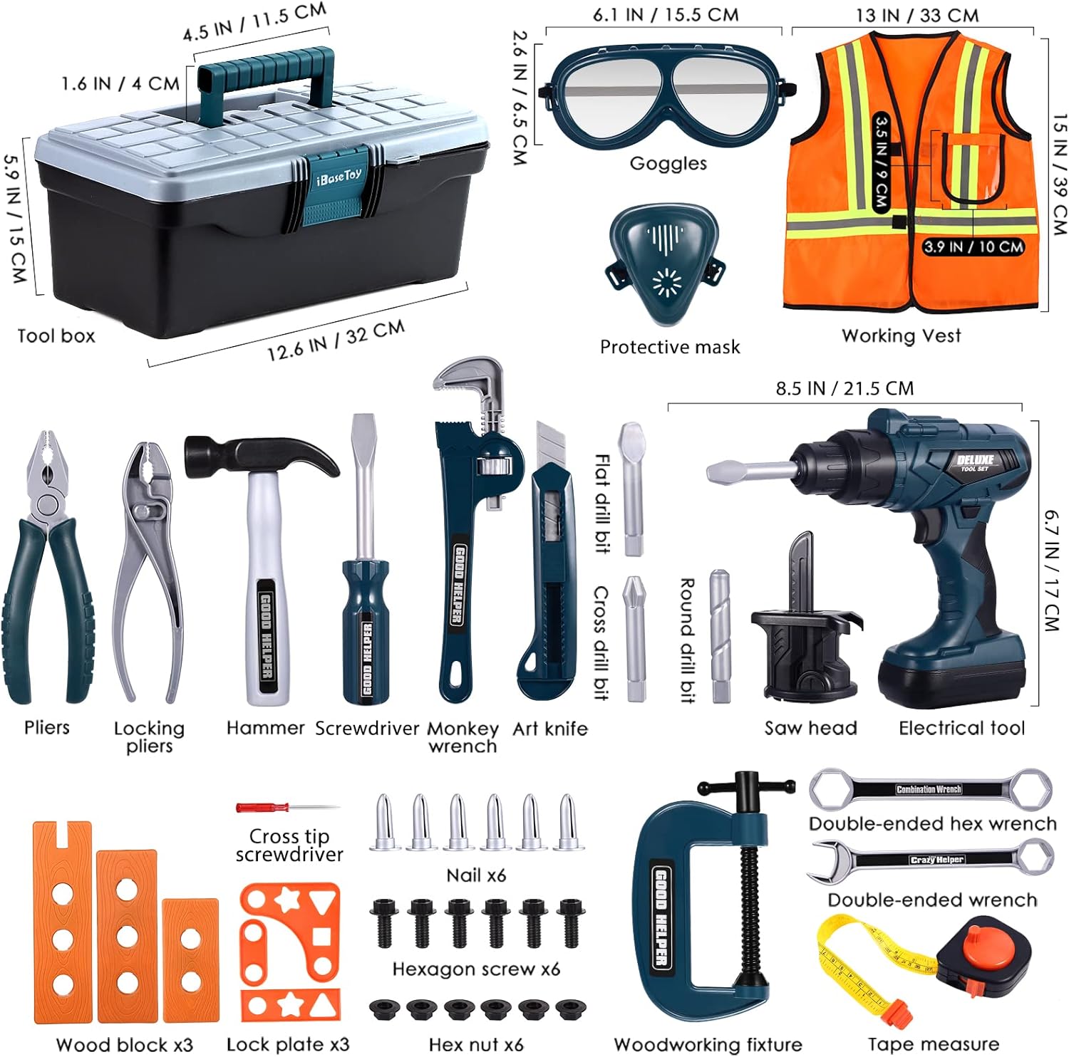 iBaseToy Kids Tool Set - 45 PCS Pretend Play Tool Toys for Toddler, Kids Electric Drill Tool Toys Kit with Working Overalls, Construction Tool Kit Playset Tool Box Gift for Kids Boys Girls