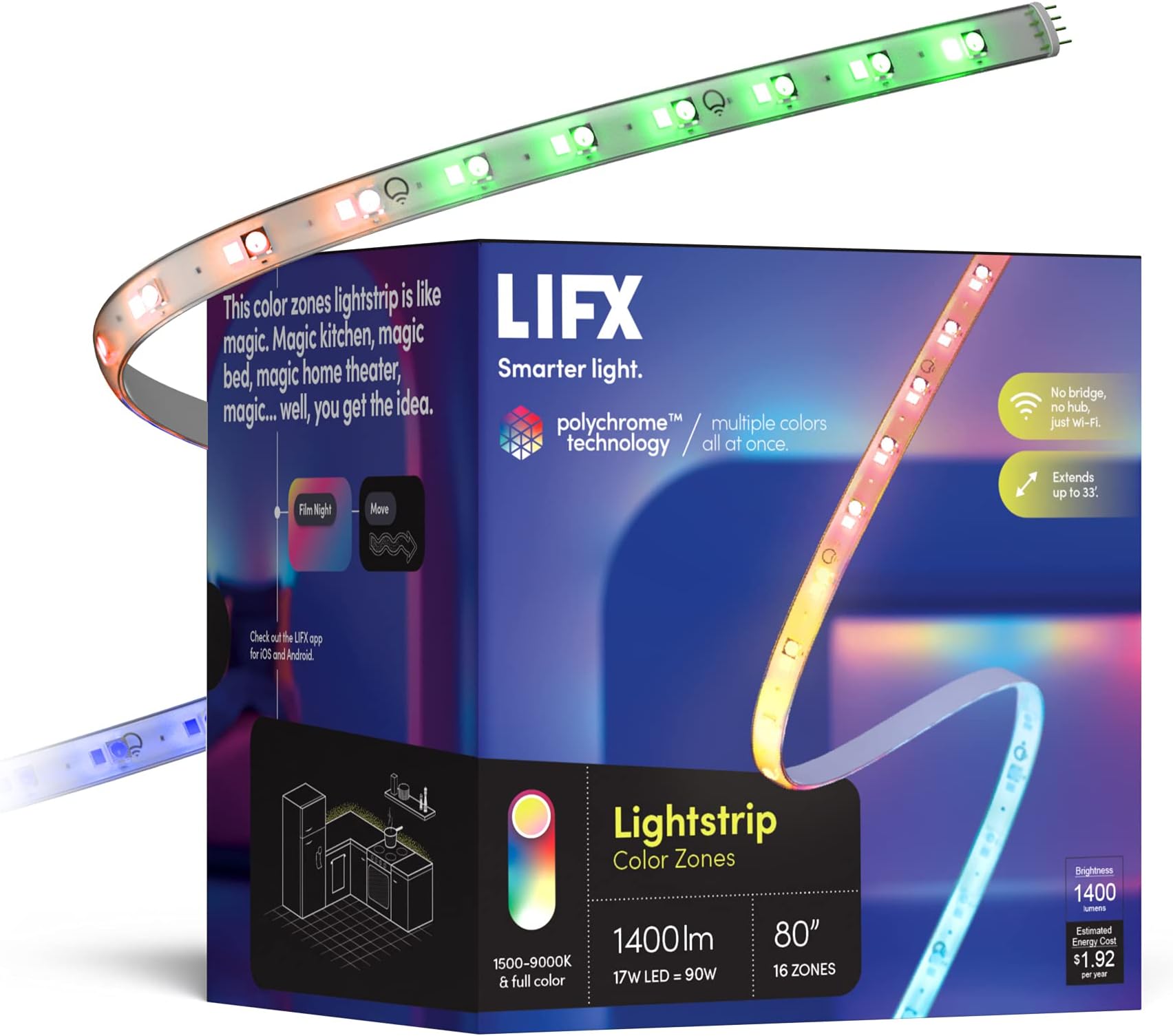 Smart WiFi Light Strip 6.6ft (Polychrome Multicolor, 8 Addressable Zones) Cuttable & Extendable Up to 32.8ft, Works with Alexa, Google Home & Siri, LED Strip Kit with Controller & Power Supply