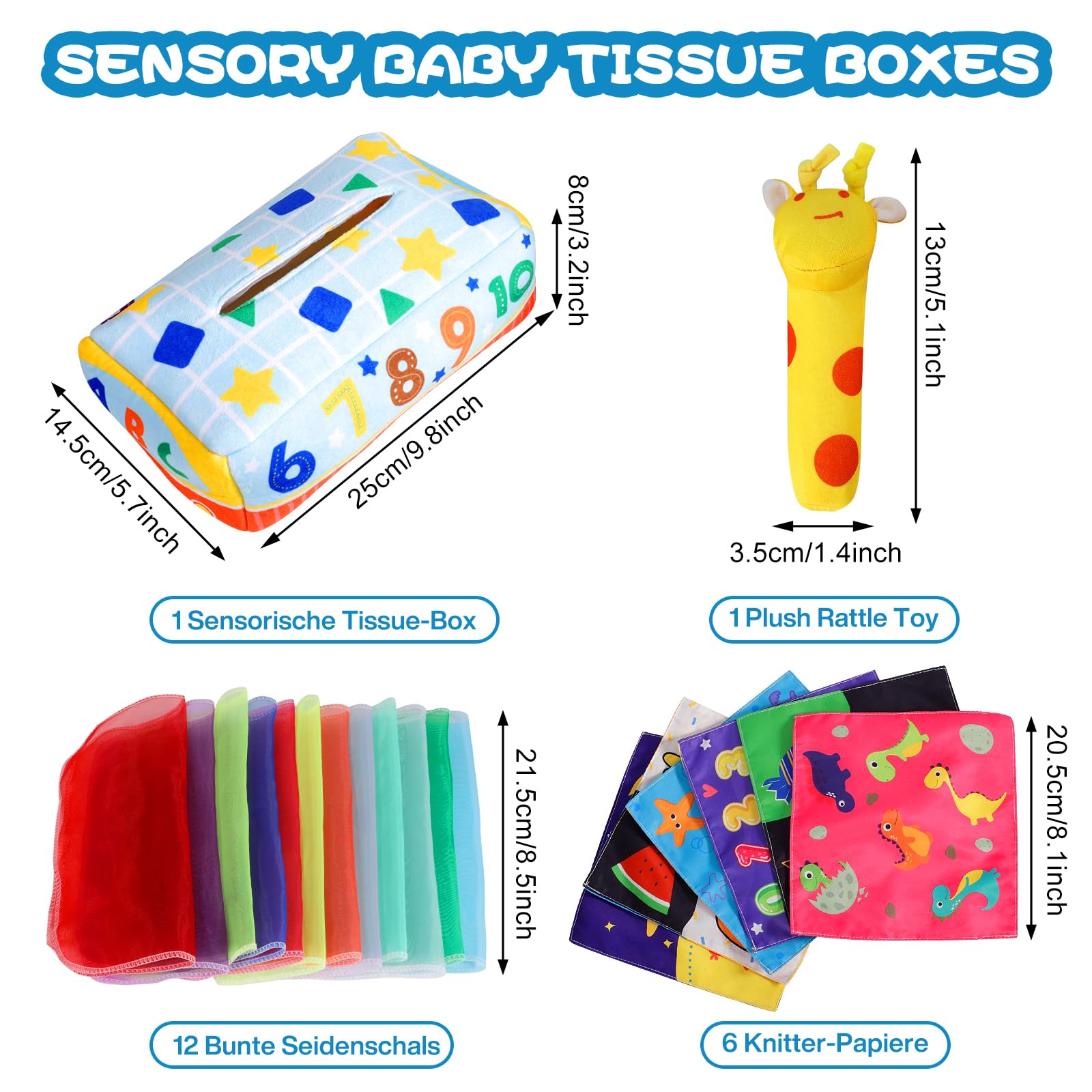 AWAVM Boîte à Mouchoirs Sensorielle Montessori - Jouet Bébé 6-12 Mois Avec Carrés Contrastés Et Sons Froissés