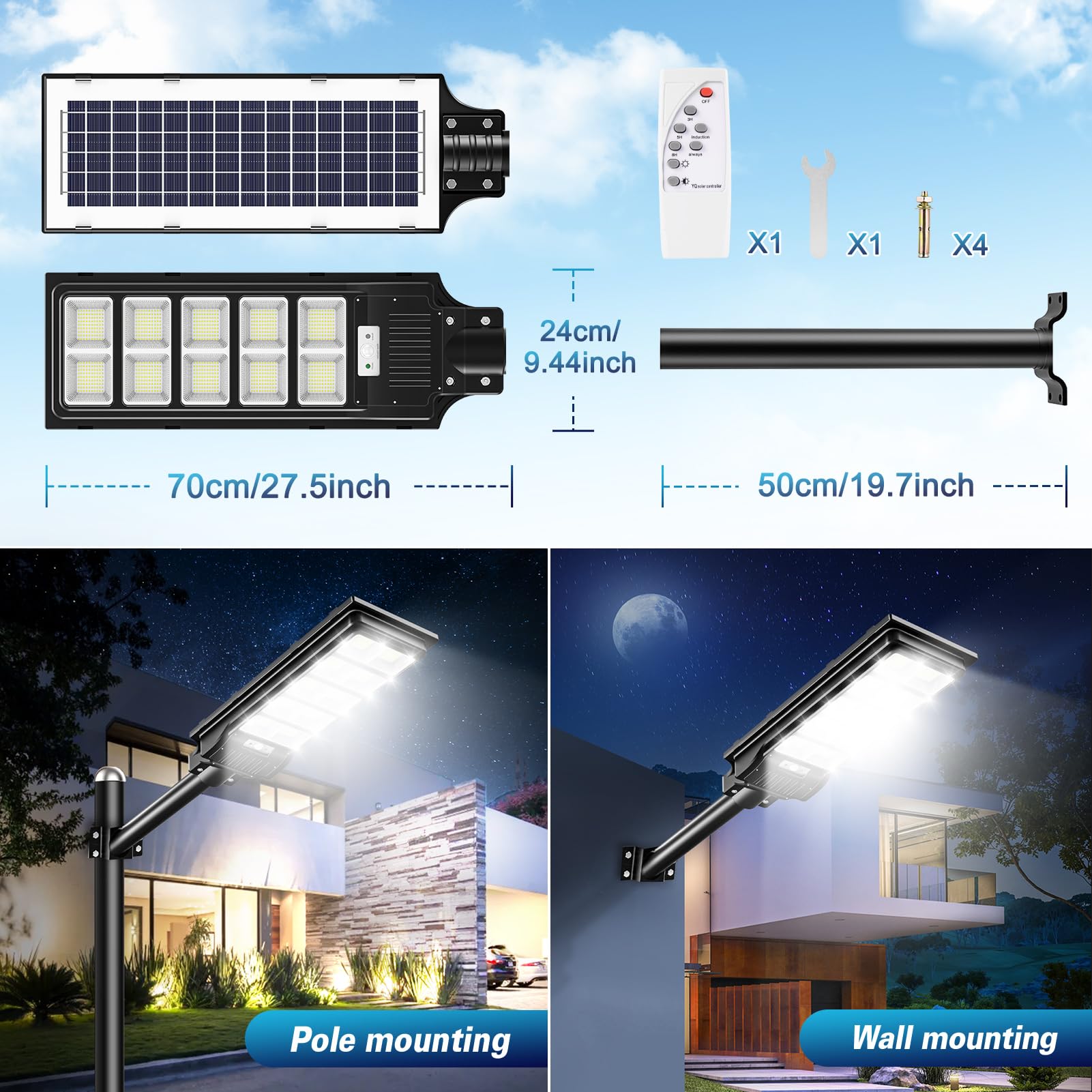 Viugreum 2 PACK 400W LED Solar Straßenlaterne mit Fernbedienung 720 LED 6500K Straßenlampe Wandleuchte mit Bewegungsmelder Sensor IP65 Wasserdicht Außen Straßenleuchte Wegeleuchte Freien