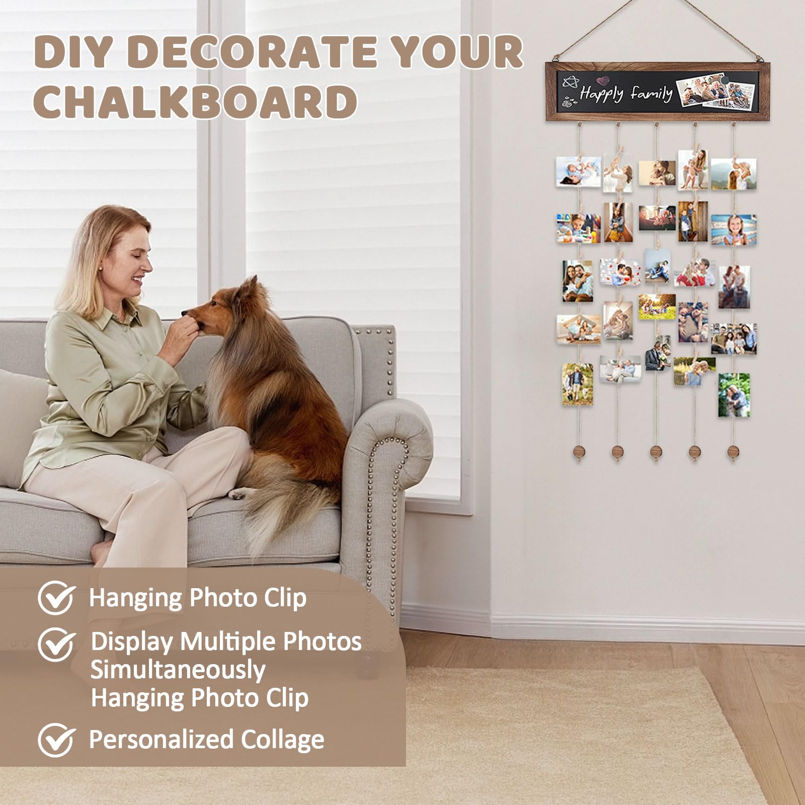 Porte Photo Mural avec 30 Clips en Bois, Tableau d'affichage Photo pour Décoration Maison