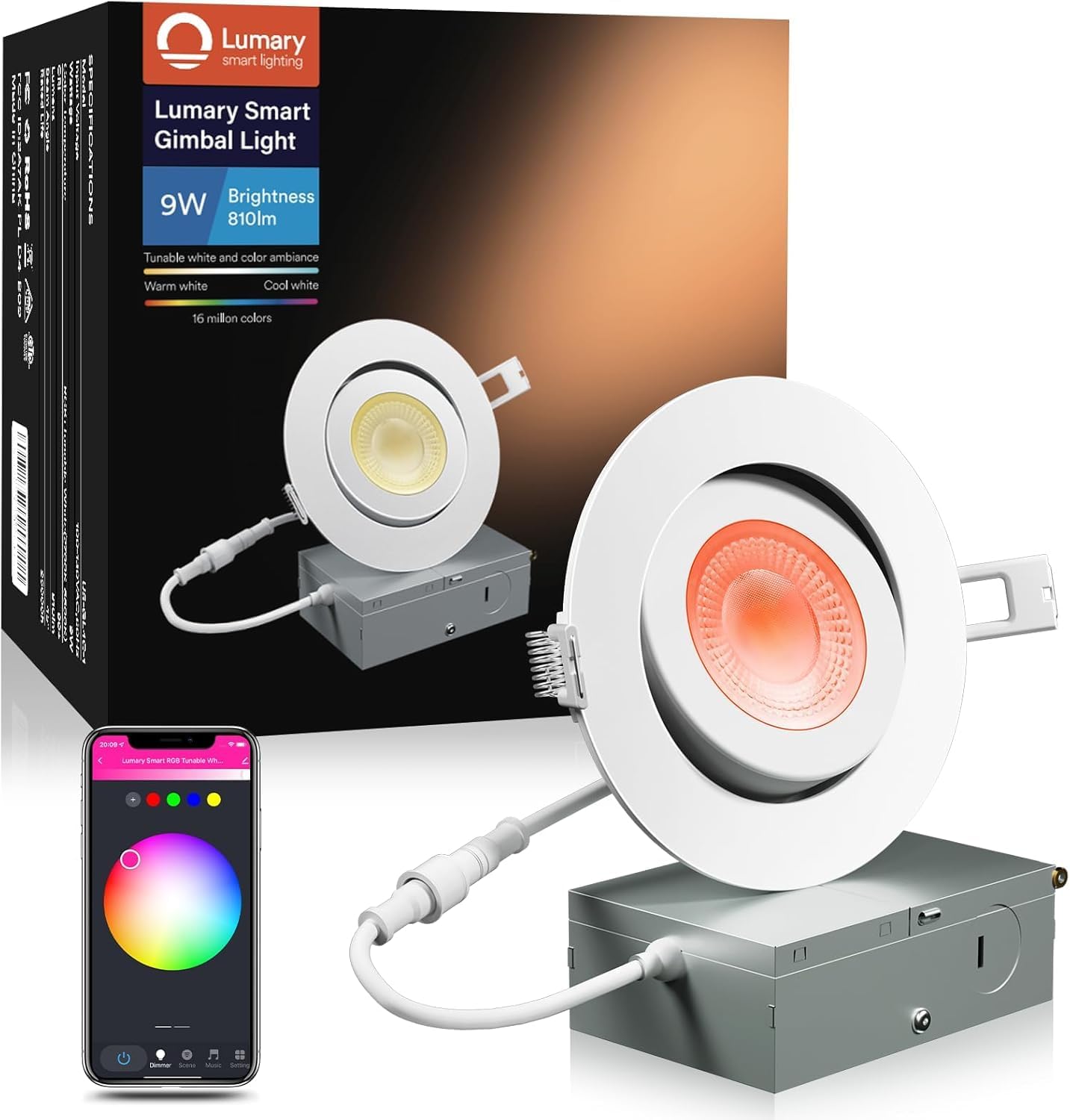 Lumary 4 Inch RGBCW 9W 810lm Directional Light, Soffit Light,Smart Gimbal WiFi LED Recessed Lights, Adjustable Lighting Work with Google Assistant, Alexa 1 Pack, ETL Certificated, White,1 Pack Lumary 4 Inch RGBCW 9W 810lm Directional Light, Soffit Light,Smart Gimbal WiFi LED Recessed Lights, Adjustable Lighting Work with Google Assistant, Alexa 1 Pack, ETL Certificated, White,1 Pack