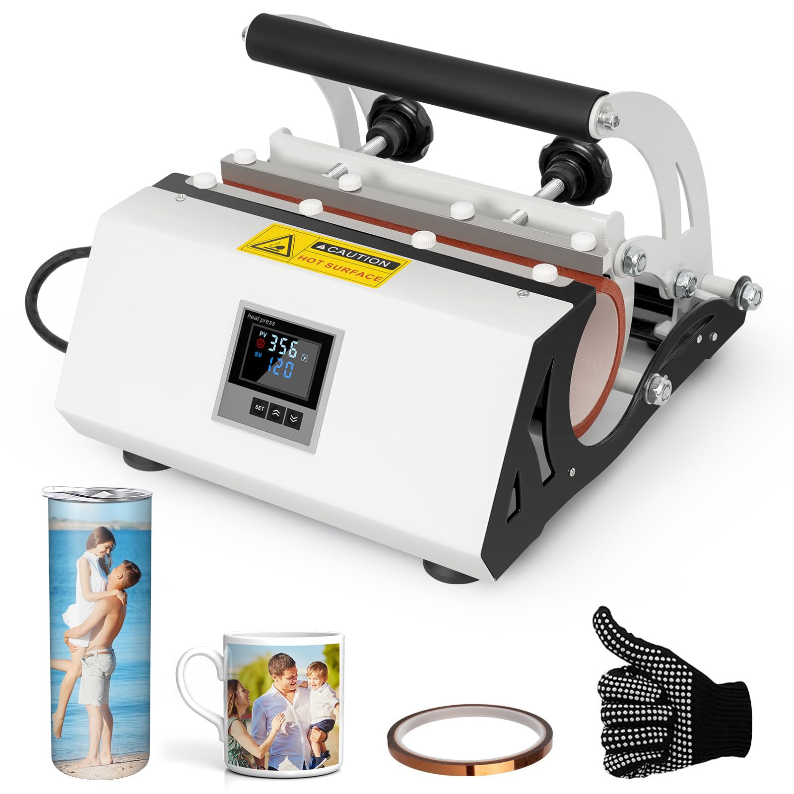 Máquina de prensa de calor para tazas de vaso, máquina de prensa de tazas para vasos en blanco de sublimación de 20 oz a 30 oz y tazas de 11 a 15 oz con cinta térmica de papel de sublimación y guantes