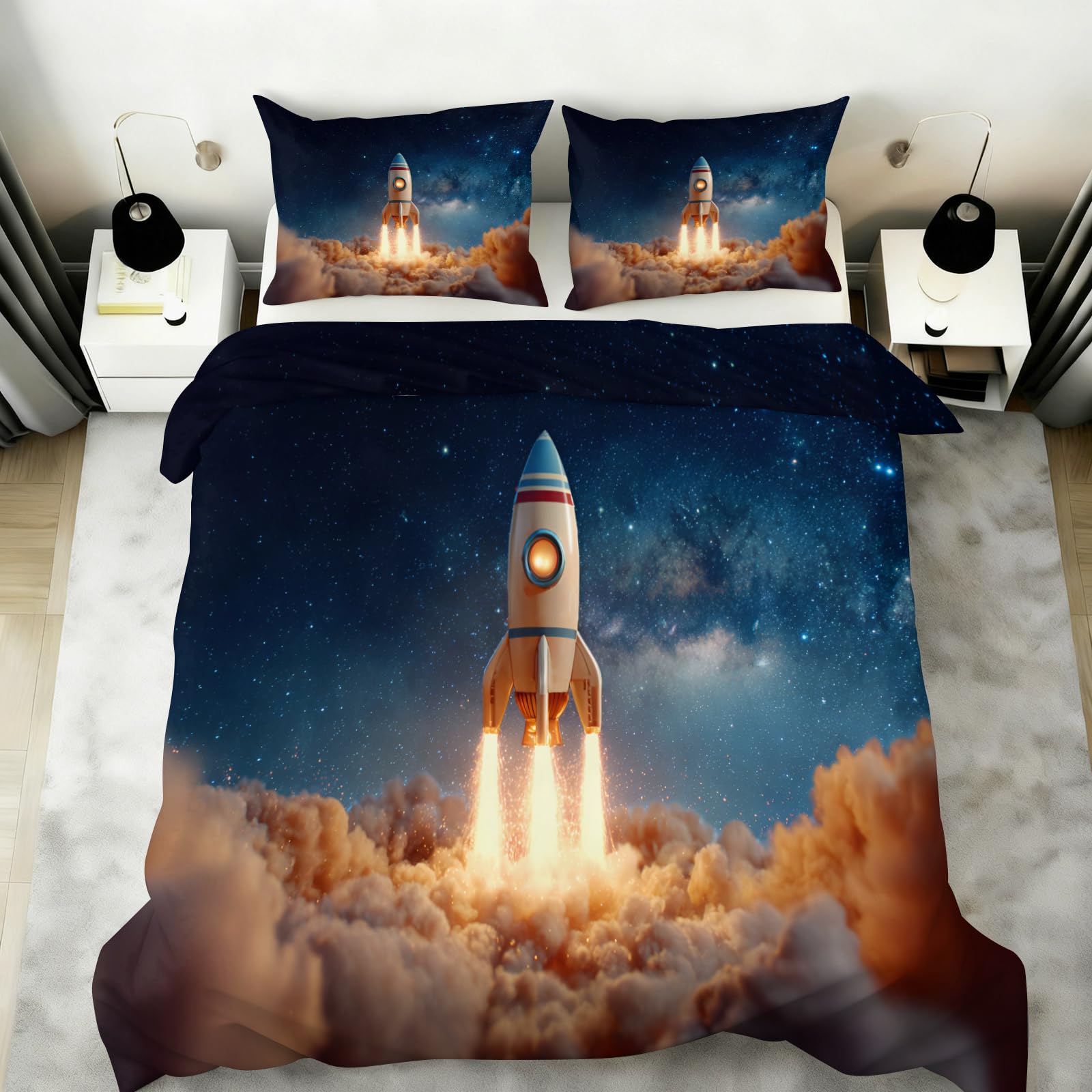 Housse de couette motif fusée spatiale enfants parure de lit univers ciel étoilé 305x249