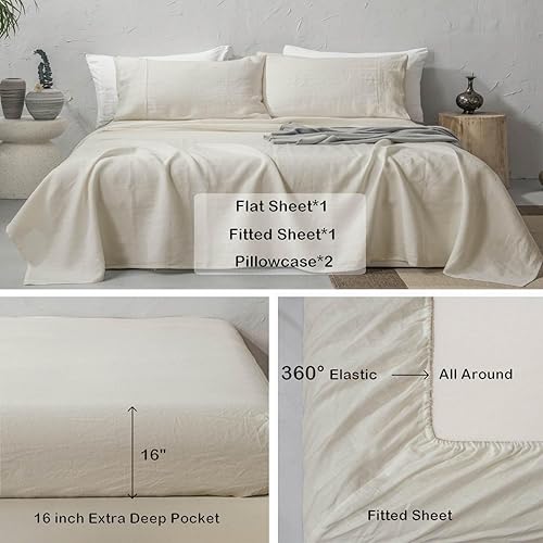 Miniatura 4 de meadow park Juego de sábanas de lino francés 100% lavado, tamaño Queen, lino gris topo claro, 4 piezas (1 sábana encimera, 1 sábana bajera y 2