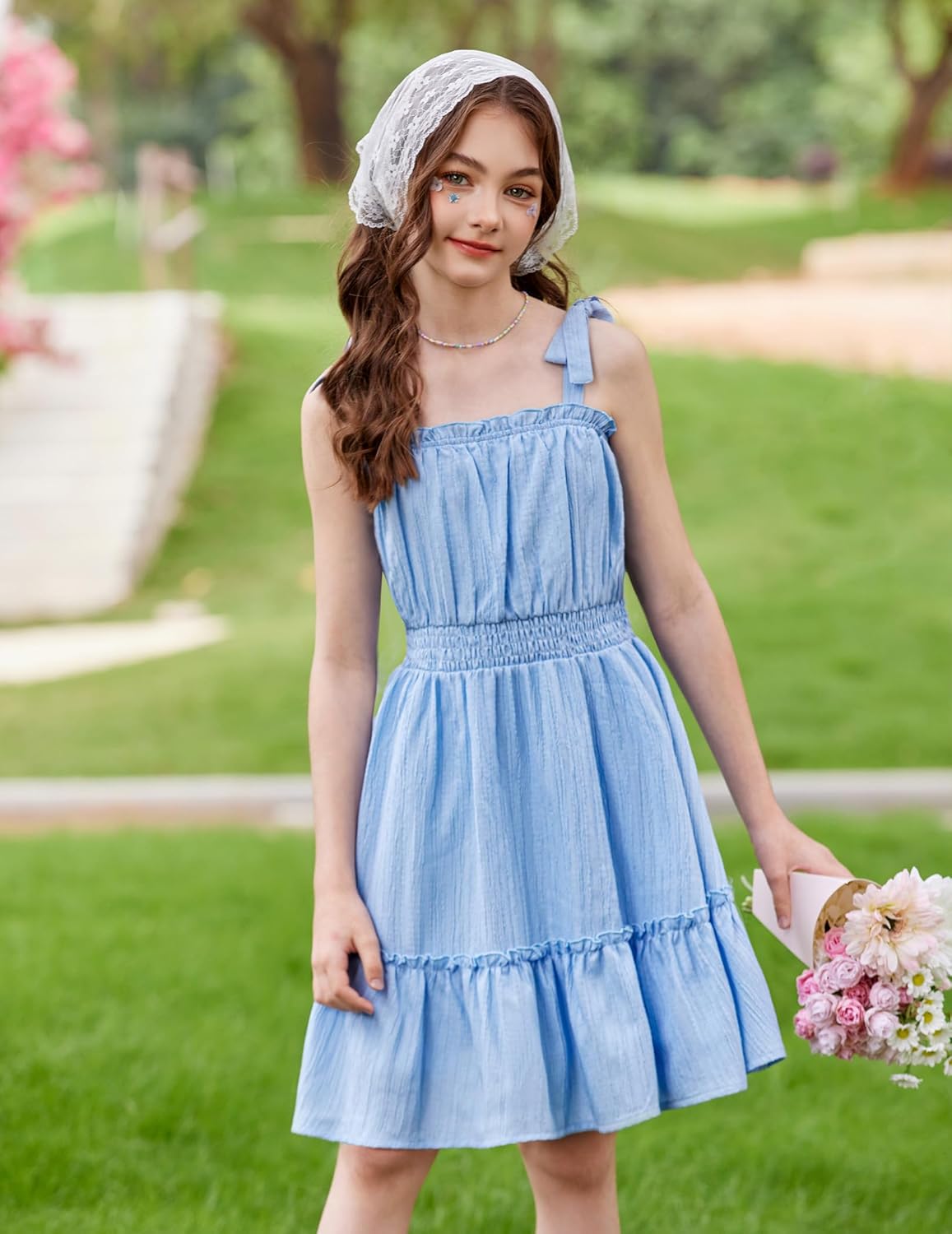 Arshiner Girls Summer Dress Bow-Tie Straps Sleeveless Flowy Ruffle Trim Boho Beach Casual Sundress - Image 5