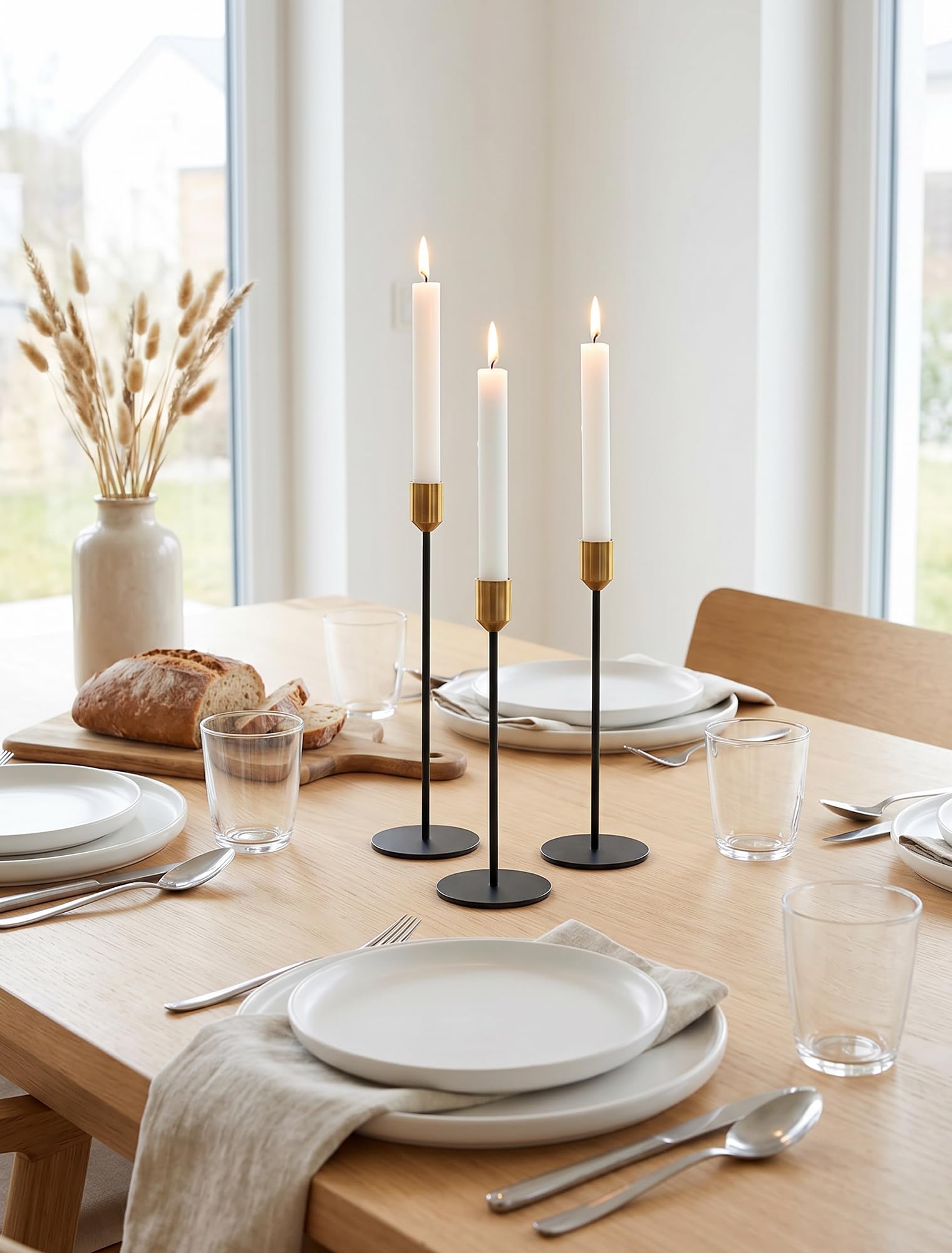 Romadedi Kerzenständer für Stabkerzen, 3er-Set, Gold und Schwarz | Metal Kerzenhalter Modern Drei Höhen: 22, 28 und 32 cm für Weihnachten Esstische, Hochzeiten und festliche Deko