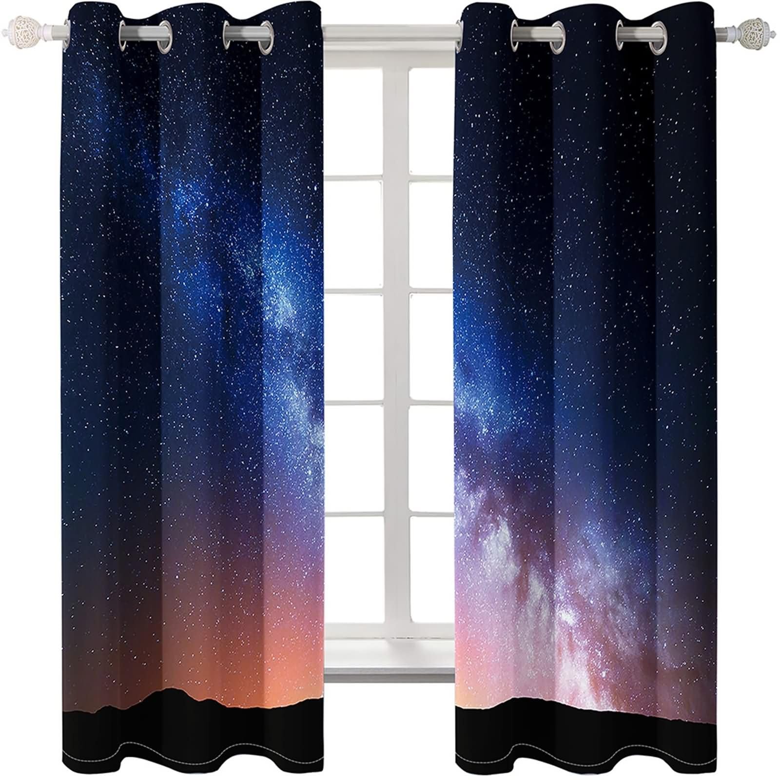 Küchen Vorhang Blickdicht 2 Stück,2 x 86W x 160H cm,Küchengardinen Modern mit Ösen Sternenklarer Himmel Schwarz Blau Gardinen für Balkon Modern