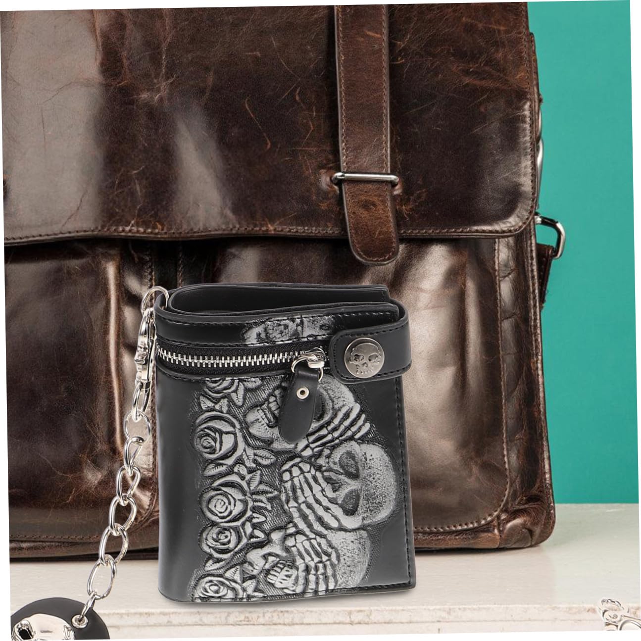 Didiseaon Billetera Con Cadena Monedero Punk Bolsa Crossbody Con Motivo De Calavera Billetera Punk Billetera De Halloween Monedero Fantasma Cuero Esqueleto Hombres y Mujeres Cartera