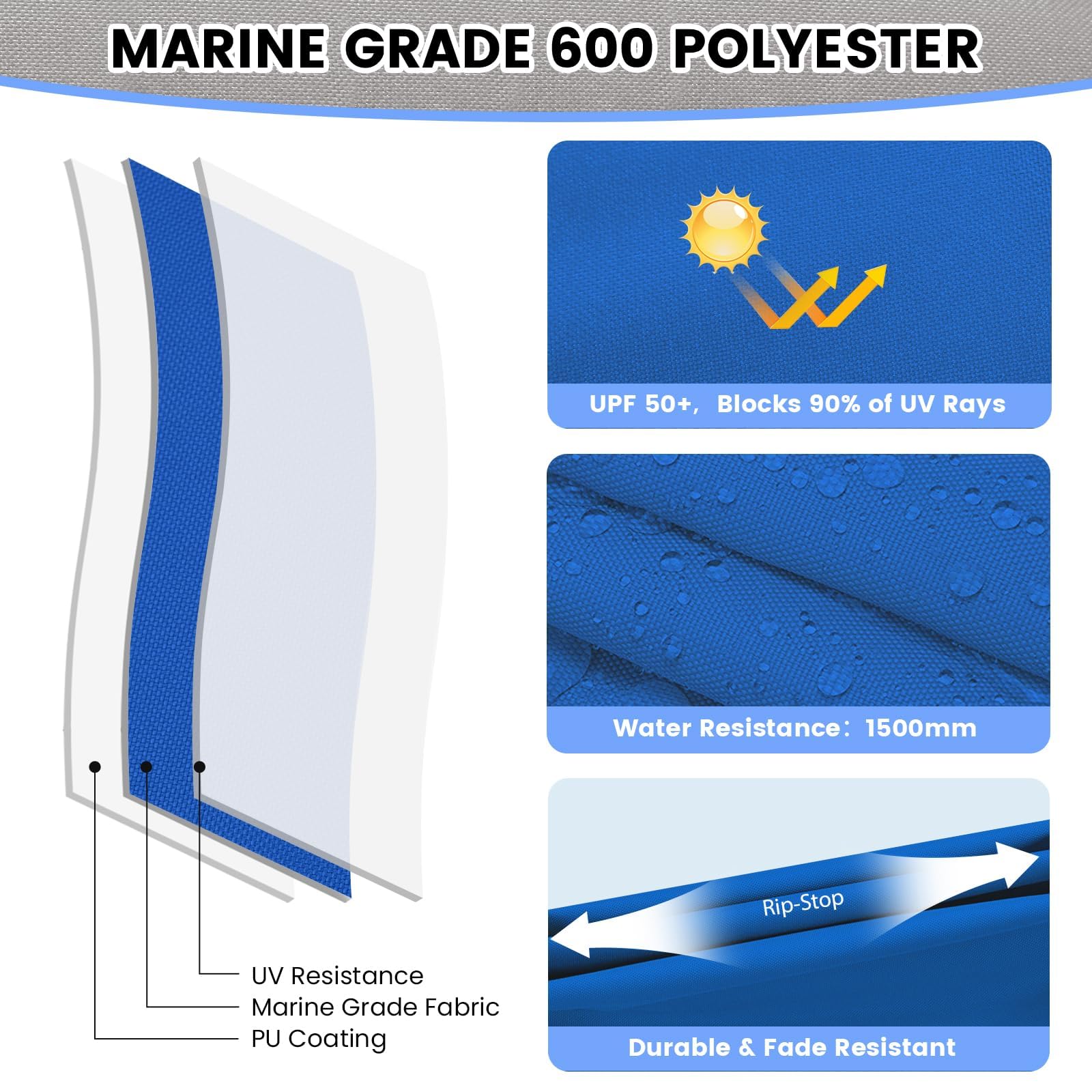 Top Bimini per barche a 3 archi con tende laterali rimovibili e telone impermeabile, resistente baldacchino in tela di grado marino, telaio in alluminio regolabile - Versatile Pontoon Boat