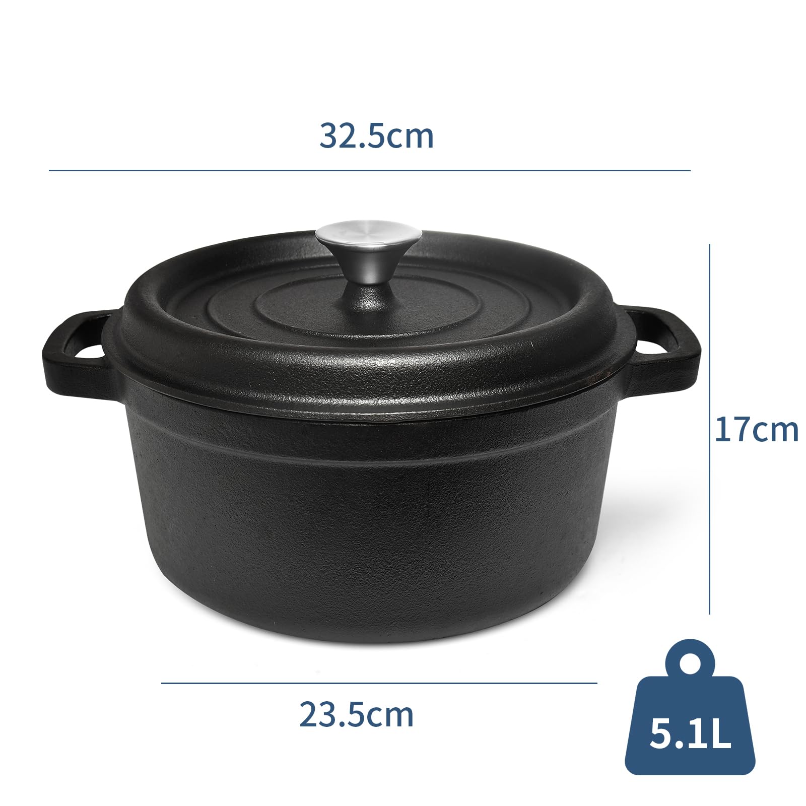 Cocotte en fonte - 26 cm - 5,1 l - Avec couvercle - Induction - Pour la cuisine - Noir