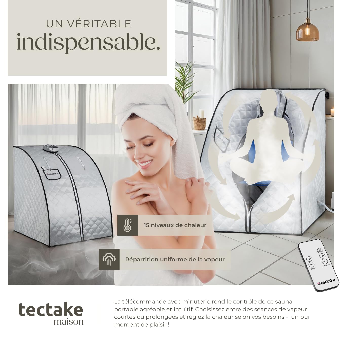 tectake® Sauna à Vapeur Pliable et Portable 90 x 78 x 100 cm, Sauna Portable 1000W 15 Températures et Minuterie, Appareil à Vapeur, Télécommande, Chaise Pliante, Tapis Protection, Sac de Transport