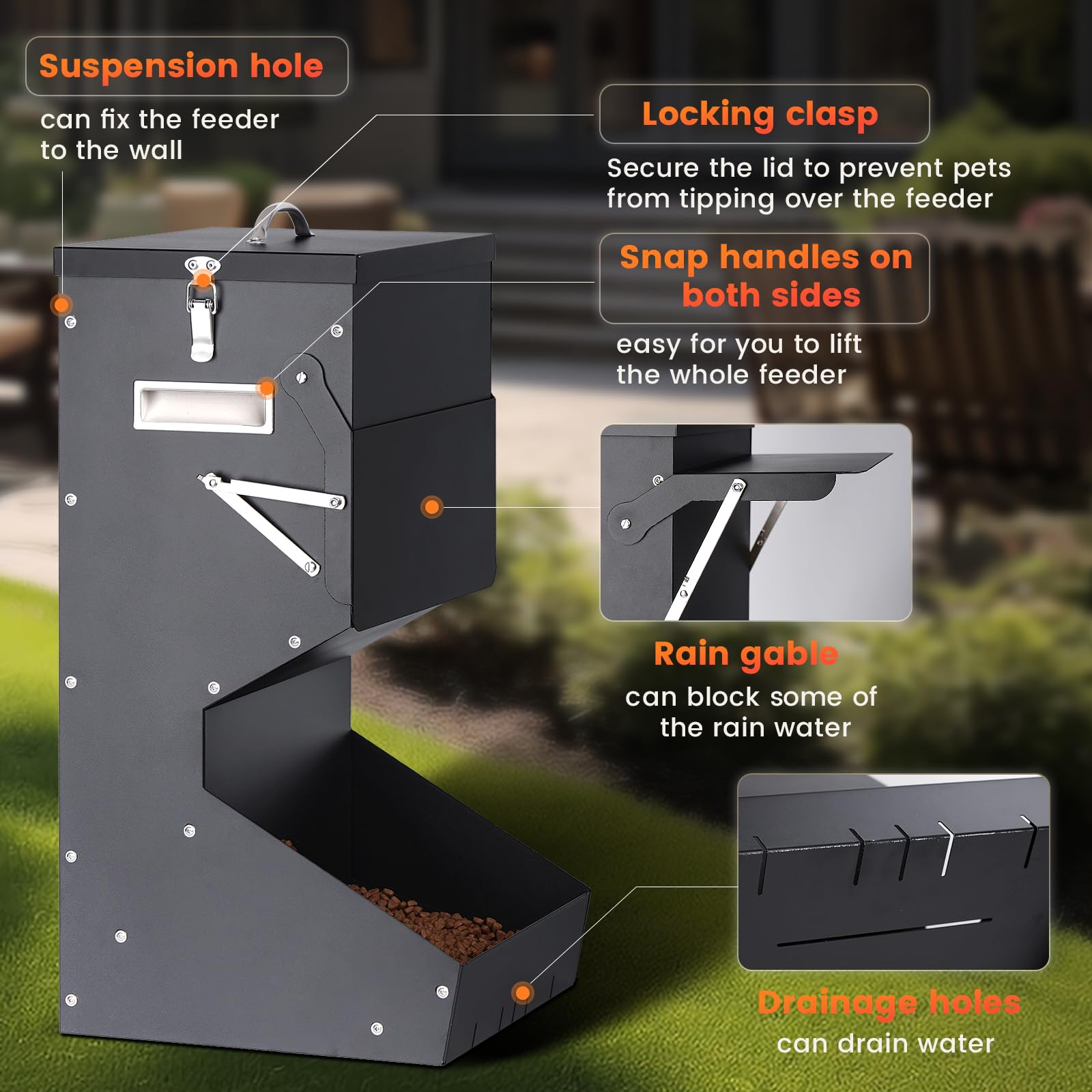 Comedero automático para perros de raza grande con tapa, 25 libras al aire libre e interior, comedero de gravedad para perros y dispensador de alimentos para perros, alimentador automático