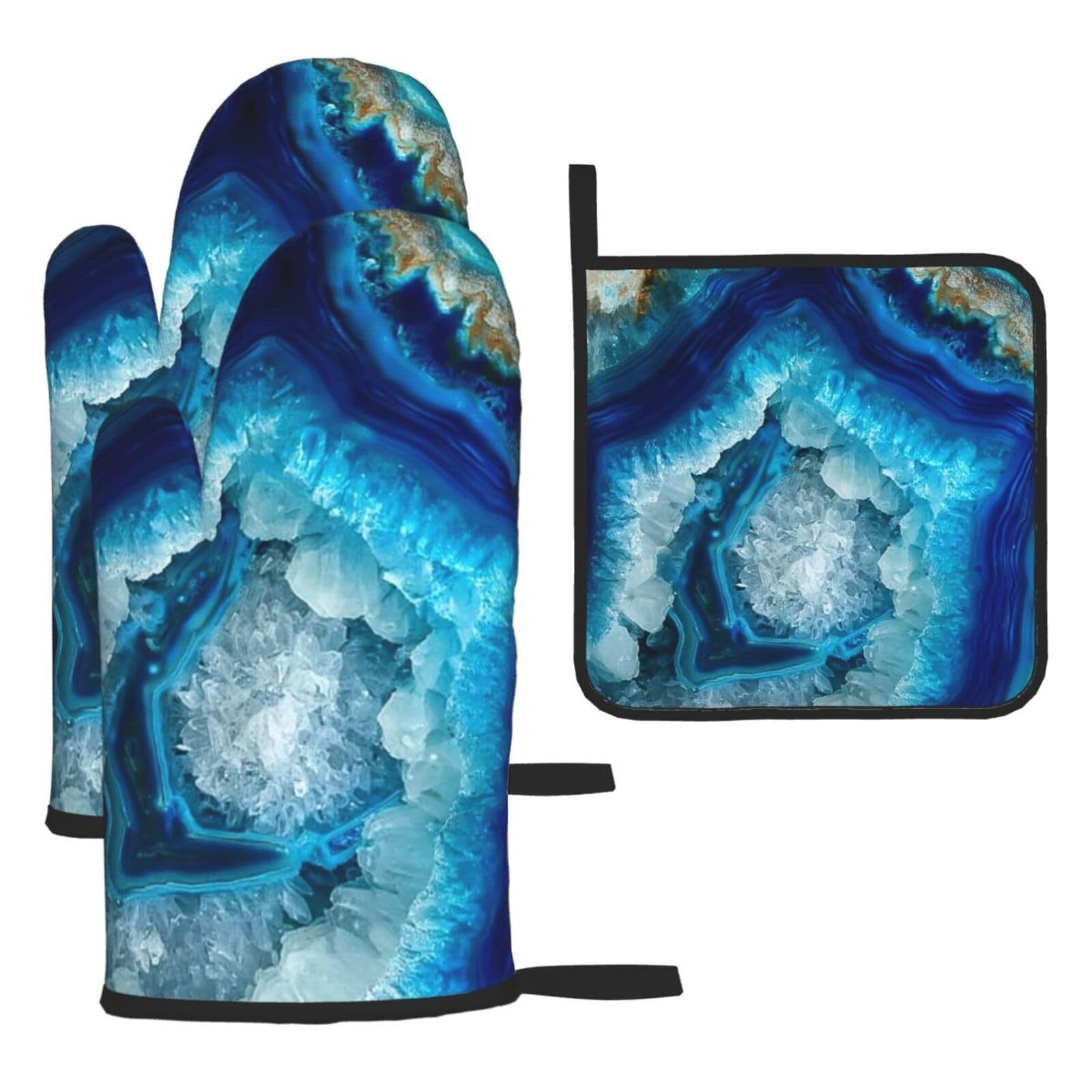 Oven Mitts and Pot Holders Sets of 3 Bright Aqua Blue Turquoise Oven Mitts 3 Pcs Heat Resistant Non Slip Ovens Gloves Hot Pads Kitchen Gloves Potholders for Baking Cooking BBQ Grilling