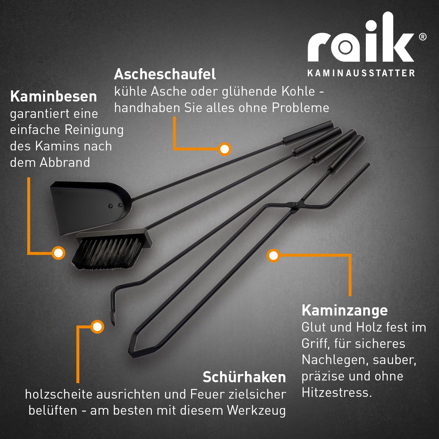 raik Kaminbesteck Theodor 4-teilig schwarz Stahl mit Schaufel Besen Schürhaken und Zange im modernen Designständer für Kaminofen und Kamineinsatz