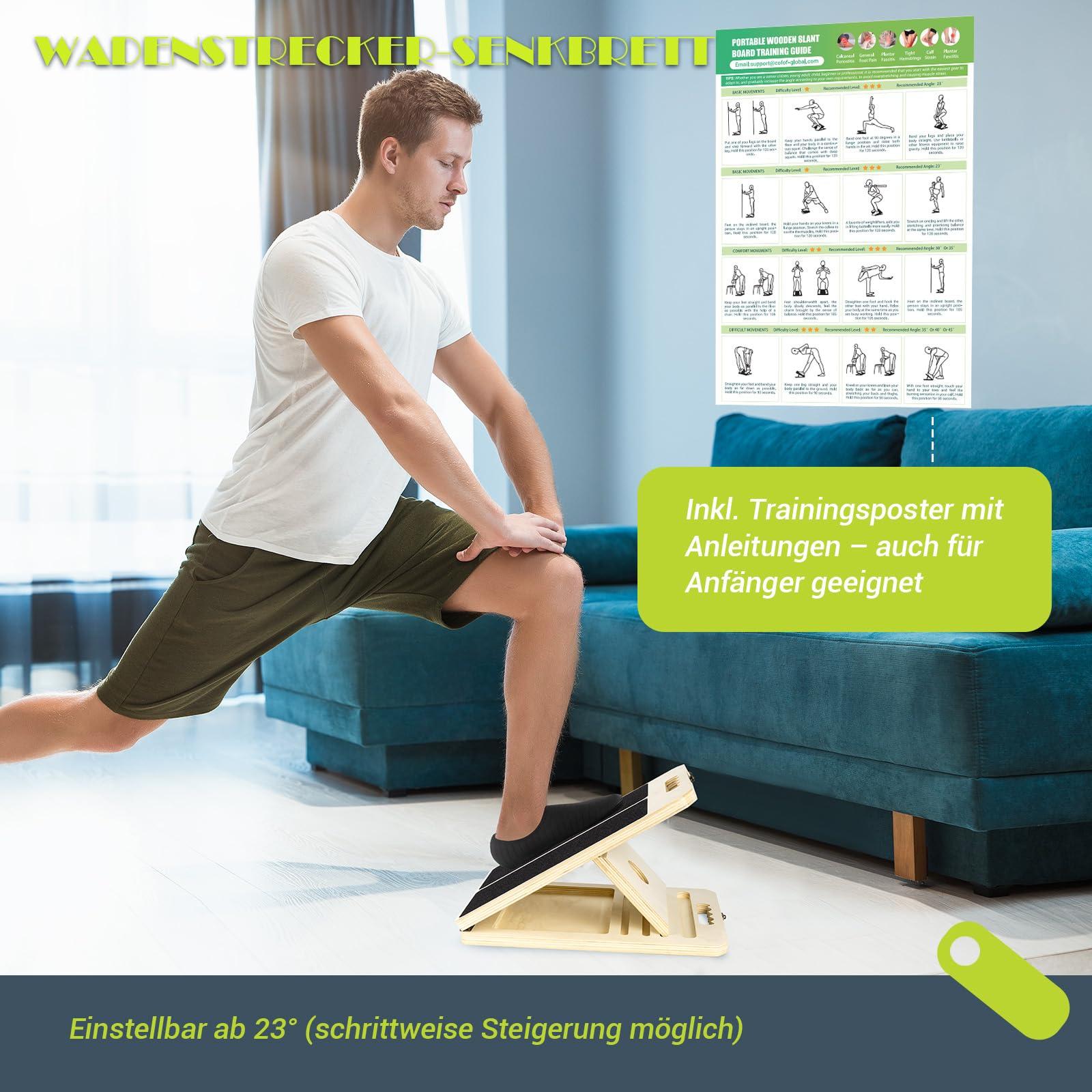 Wadendehner Schrägbrett aus Holz, Slant Board mit 5 Winkeln und Trainingsposter, Verstellbar Wadenstrecker mit Tragegriff, Mobility Board für Wadenstreckung