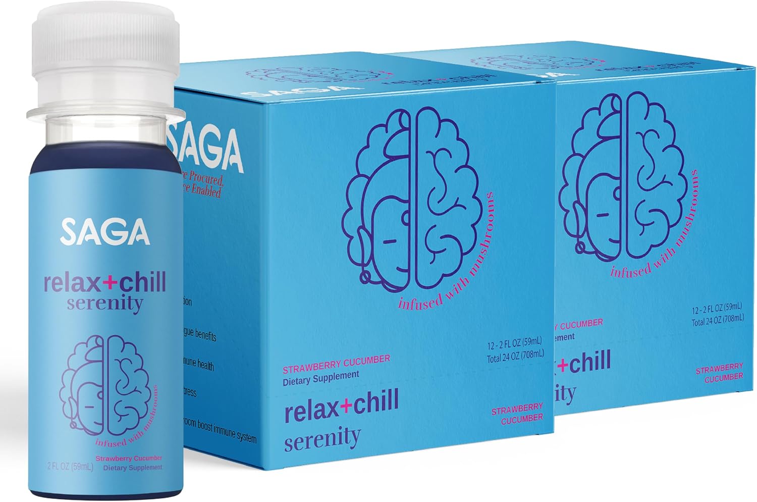 SAGA Serenity Organic Relaxation Shots with Kava, Lion’s Mane & Reishi | Fast-Acting Mushroom & Adaptogen Drink for Calm, Stress Relief & Mood Support | Vegan, Travel Size | 2oz Strawberry Cucumber
