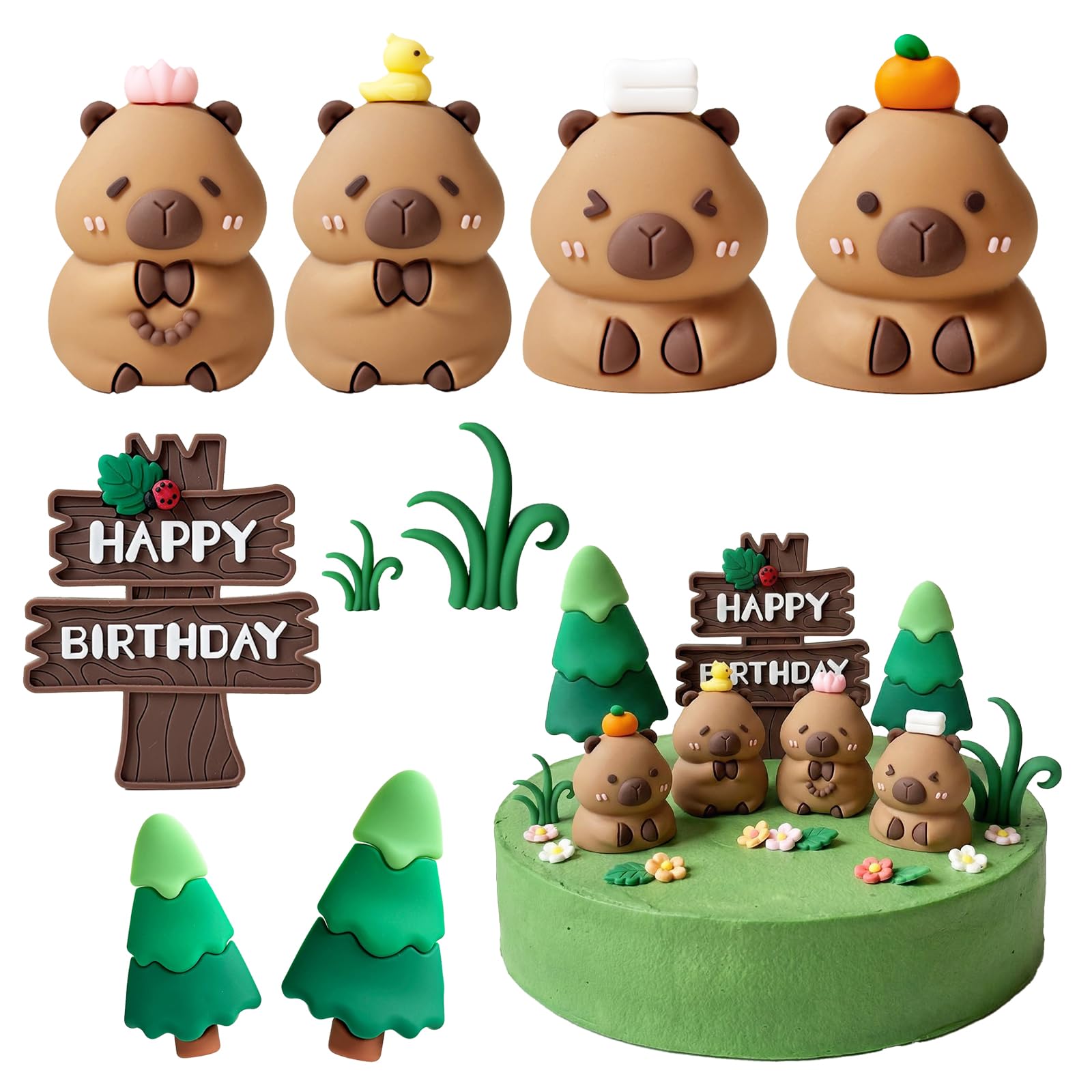 9Pcs Capybara Cake Topper, Capybara Cake Decorations, Forest Theme Cake Decorations with Capybaras Signpost Tree and Grass for Birthday Party Theme Party Supplies