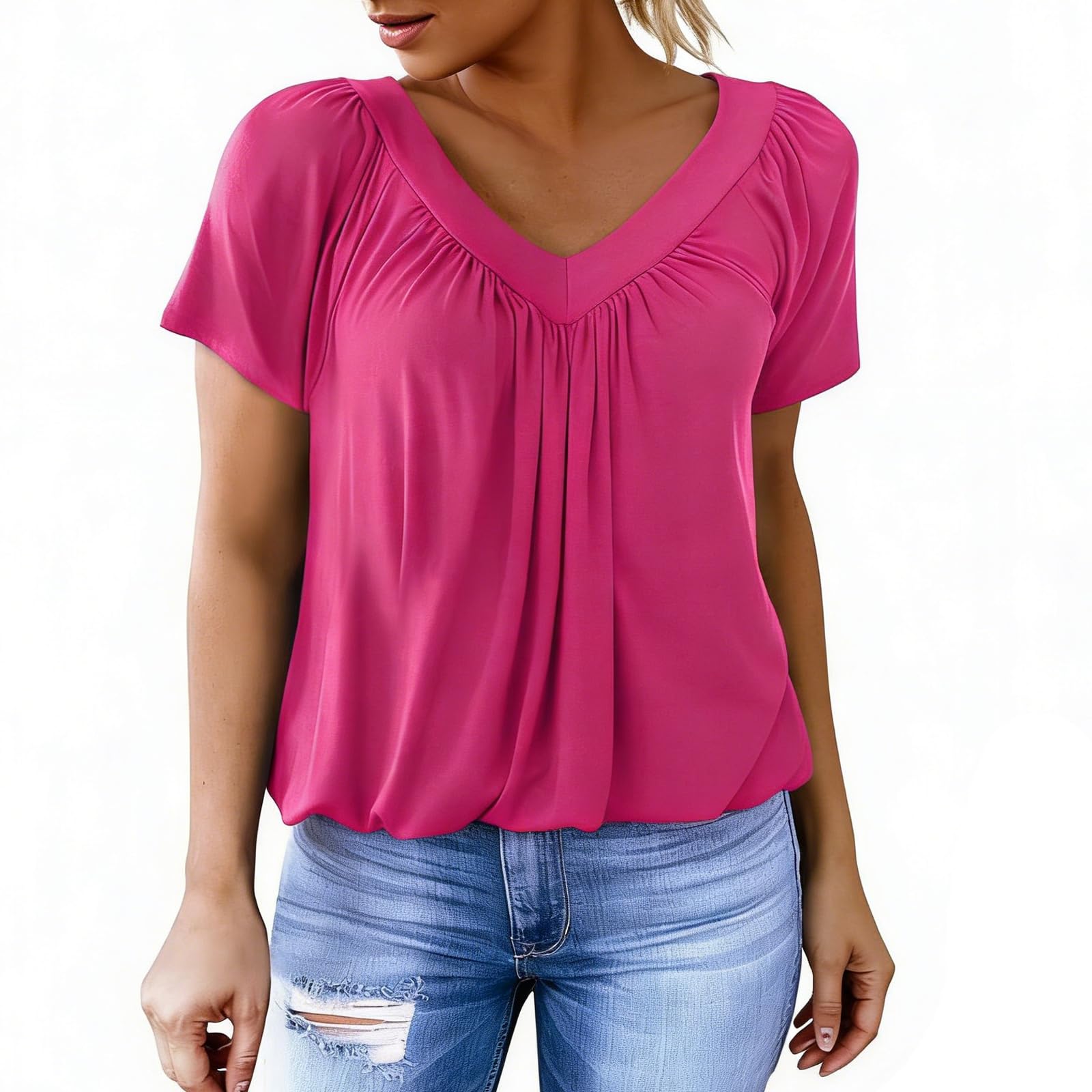 Shirts Damen Sommer T Shirt Damen Tshirt mit V-Ausschnitt Kurzärmeliges Casual Lockere Sommer T Shirts Bluse (DE/NL/SE/PL, Alphanumerisch, XL, Regular, Regular, Rot)